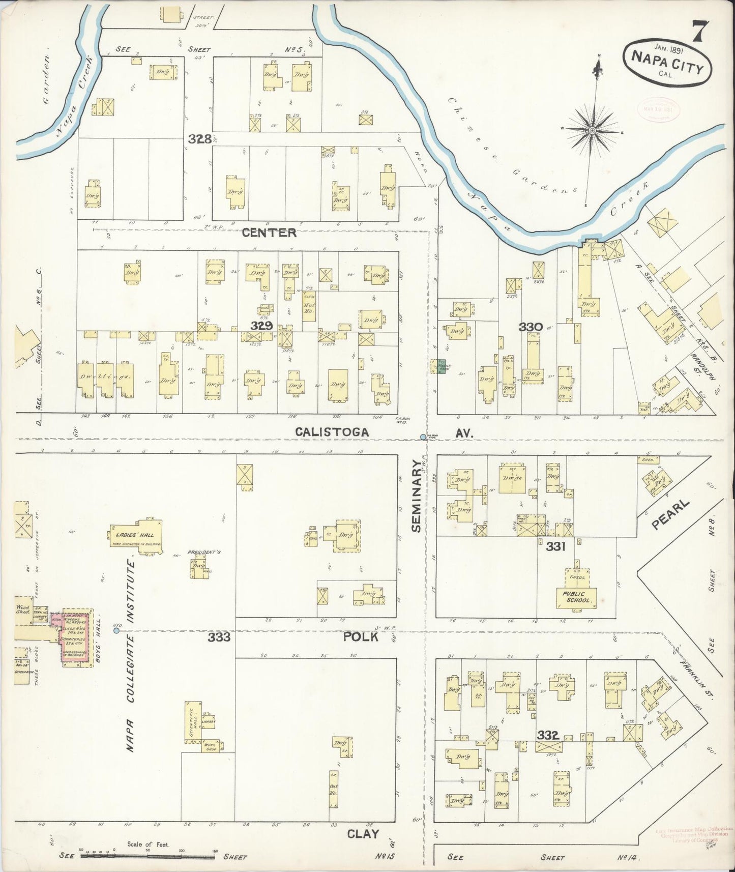 Sanborn Fire Insurance Map from Napa, Napa County, California (1891), Sheet #0007 - Historic Sanborn Fire Insurance Map Print, vintage old map wall art, antique decor, genealogy gift, California California map
