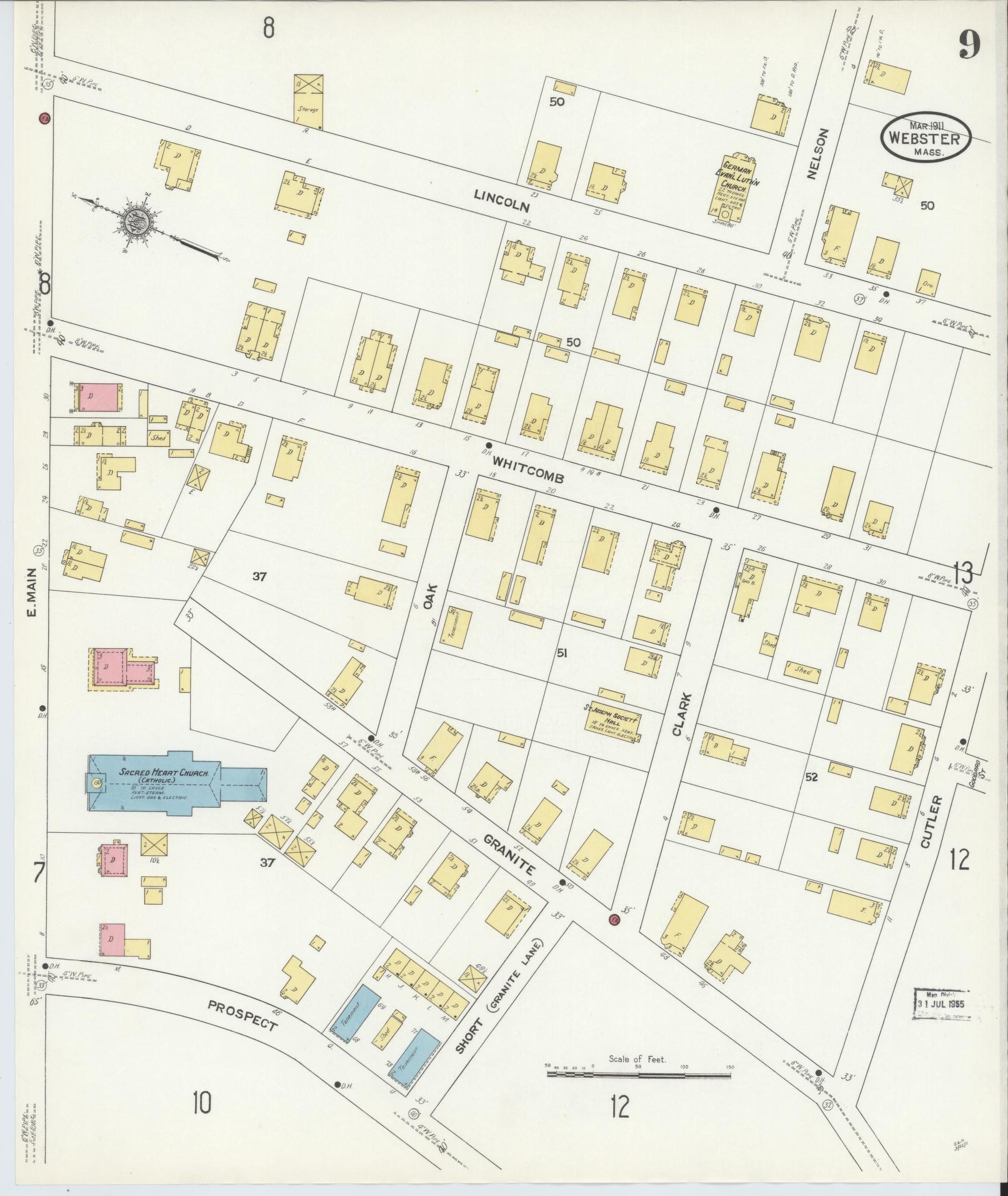 Sanborn Fire Insurance Map from Webster, Worcester County, Massachusetts (1911), Sheet #0009 - Complete Map Set gallery image, historic Sanborn map, vintage wall art, Massachusetts Massachusetts