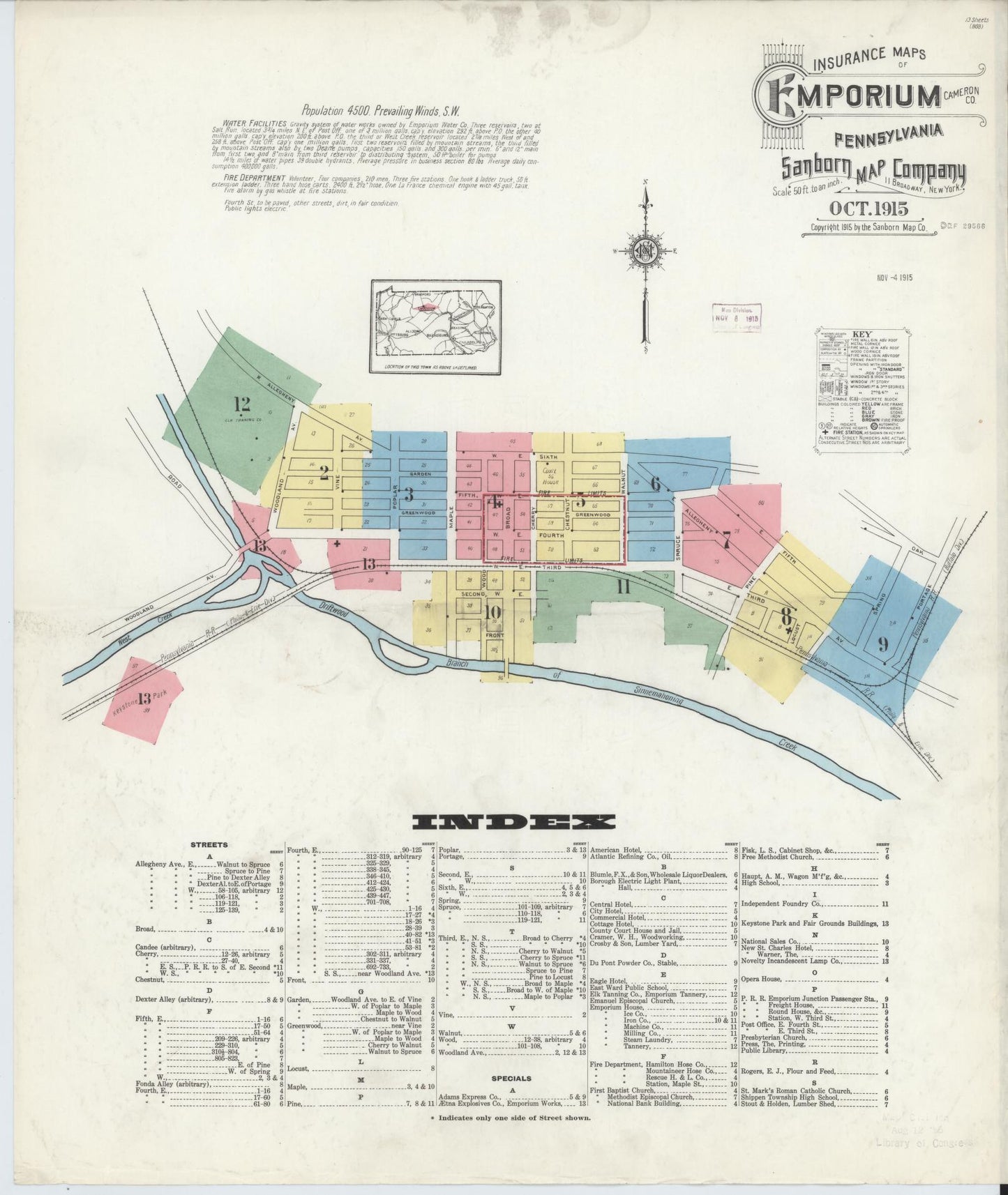 Sanborn Fire Insurance Map from Emporium, Cameron County, Pennsylvania (1915), Sheet #0001 - Historic Sanborn Fire Insurance Map Print, vintage old map wall art, antique decor, genealogy gift, Pennsylvania Pennsylvania map