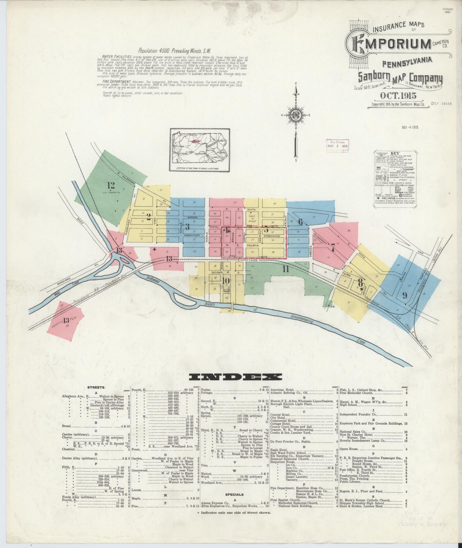 Sanborn Fire Insurance Map from Emporium, Cameron County, Pennsylvania (1915), Sheet #0001 - Historic Sanborn Fire Insurance Map Print, vintage old map wall art, antique decor, genealogy gift, Pennsylvania Pennsylvania map
