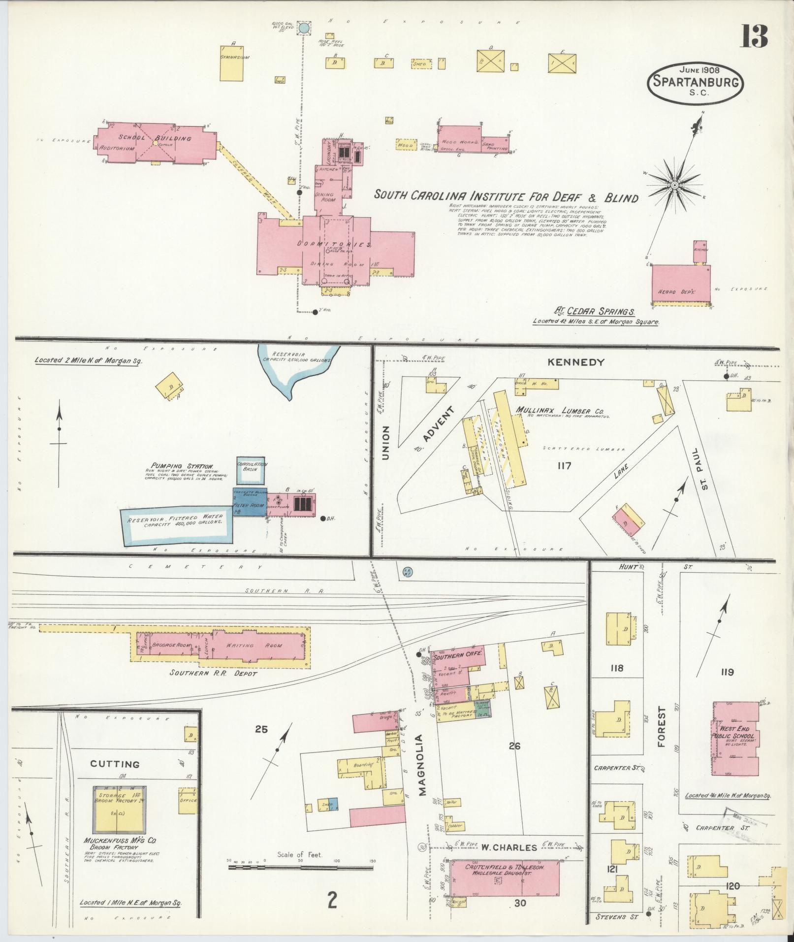 Sanborn Fire Insurance Map from Spartanburg, Spartanburg County, South Carolina (1908), Sheet #0013 - Complete Map Set gallery image, historic Sanborn map, vintage wall art, South Carolina South Carolina