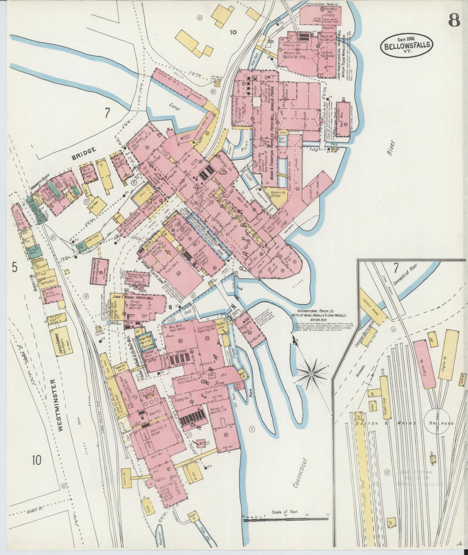 Sanborn Fire Insurance Map from Bellows Falls, Windham County, Vermont (1906), Sheet #0008 - Complete Map Set gallery image, historic Sanborn map, vintage wall art, Vermont Vermont
