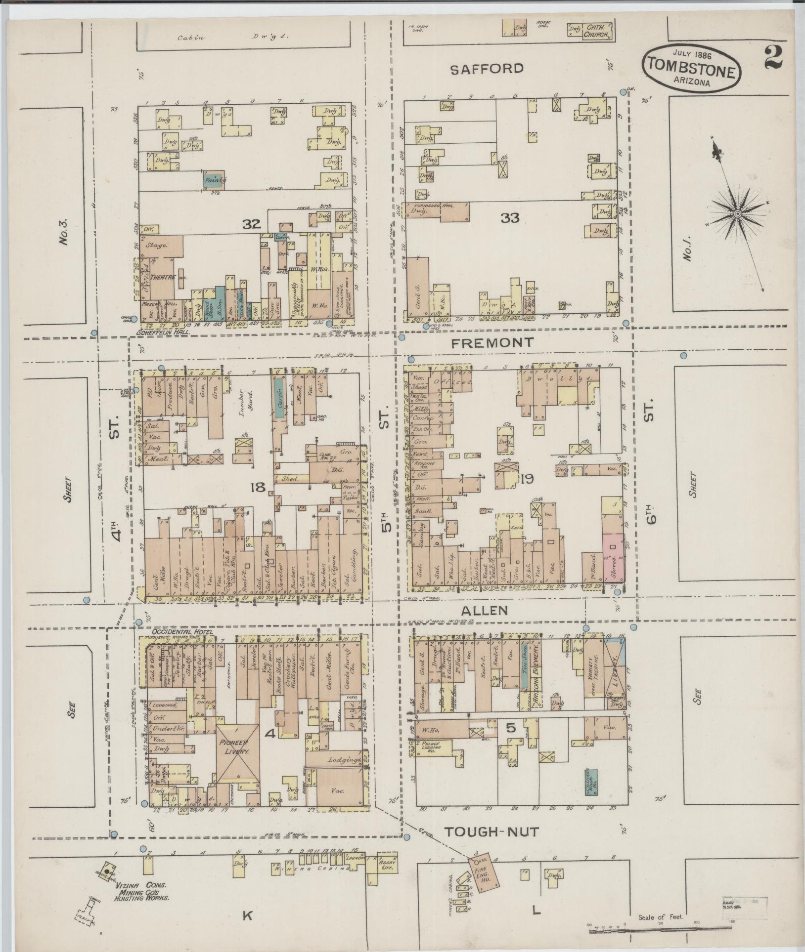 Sanborn Fire Insurance Map from Tombstone, Cochise County, Arizona (1886), Sheet #0002 - Complete Map Set gallery image, historic Sanborn map, vintage wall art, Arizona Arizona