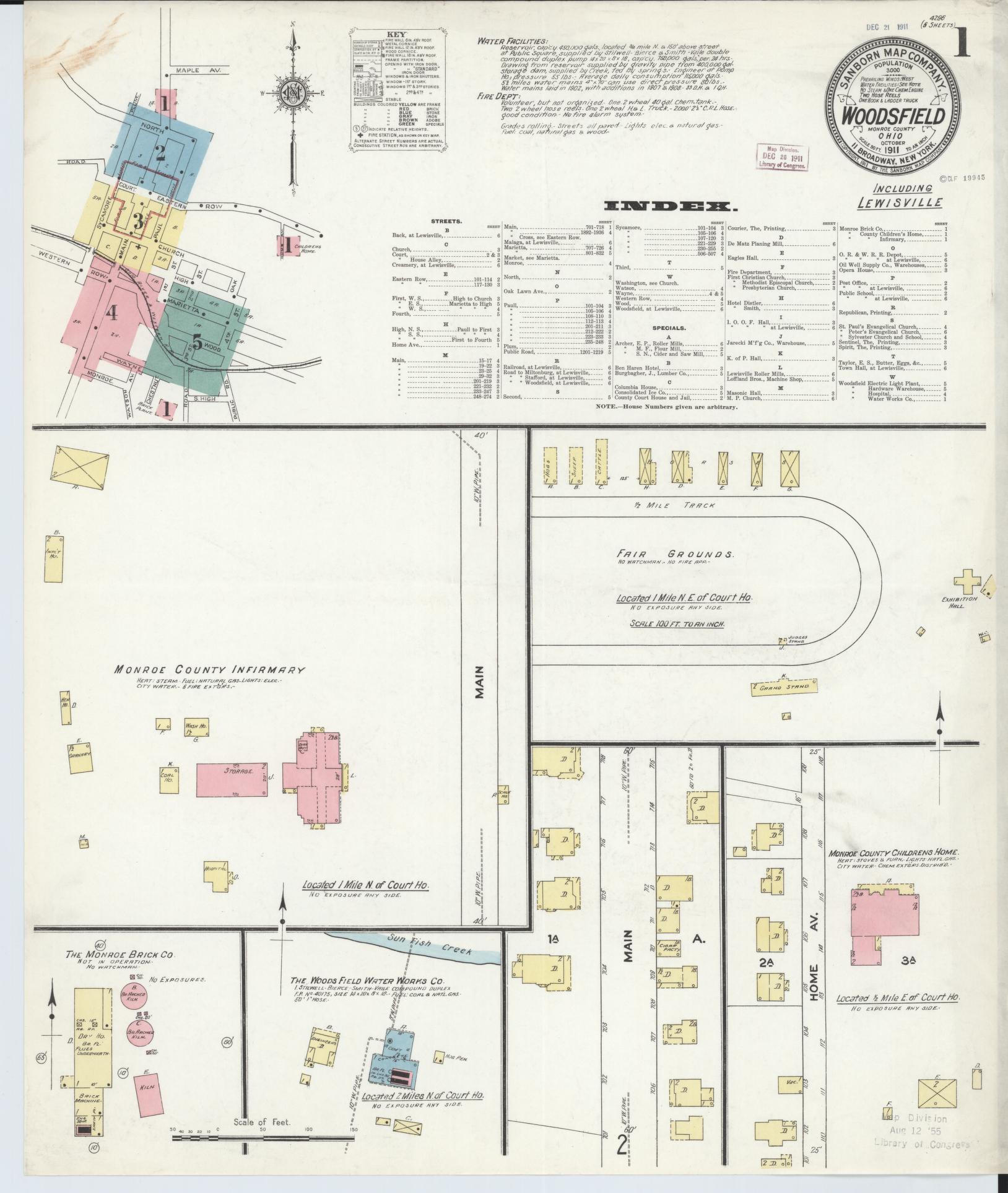 Sanborn Fire Insurance Map from Woodsfield, Monroe County, Ohio (1911), Sheet #0001 - Complete Map Set gallery image, historic Sanborn map, vintage wall art, Ohio Ohio