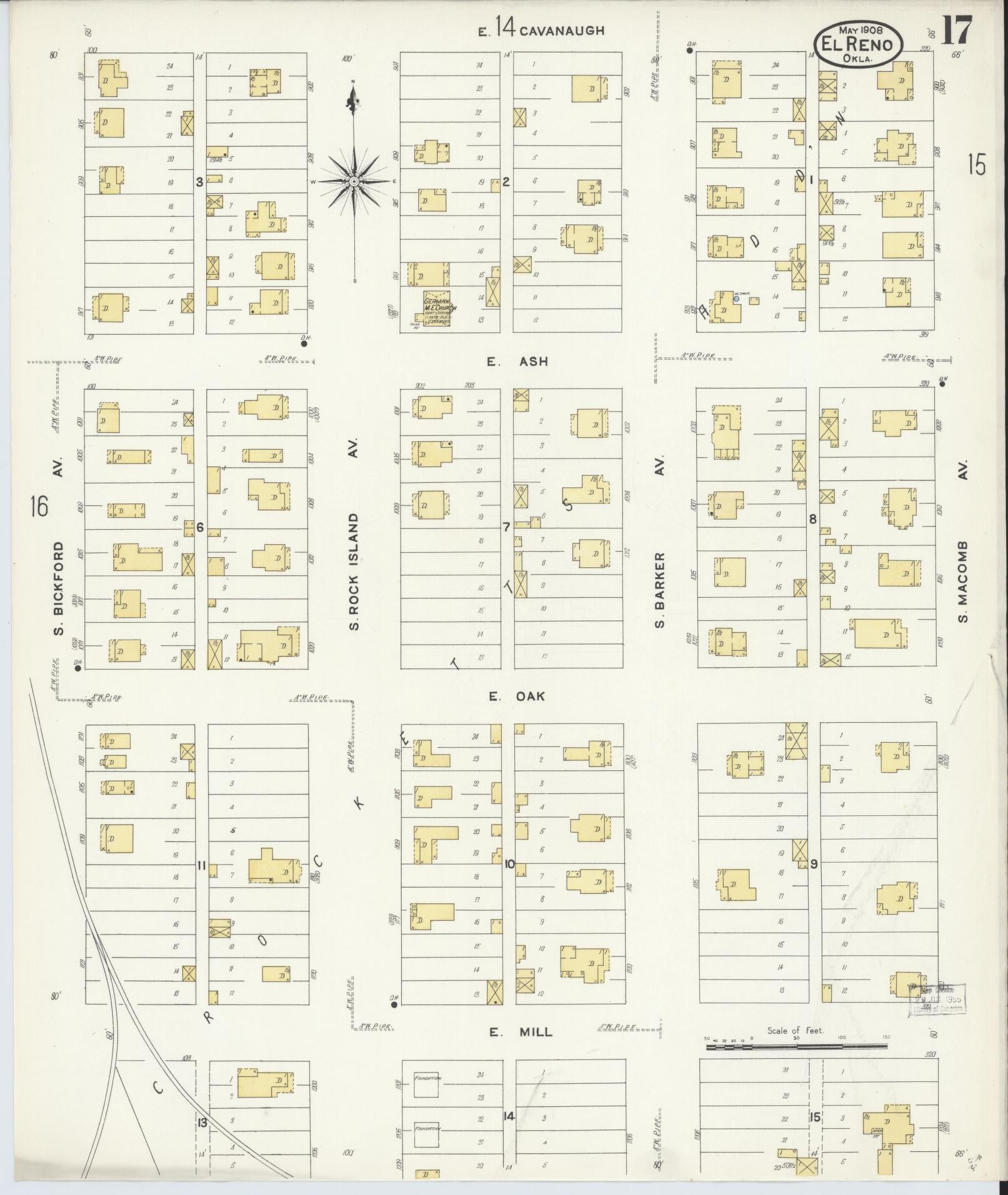 Sanborn Fire Insurance Map from El Reno, Canadian County, Oklahoma (1908), Sheet #0017 - Complete Map Set gallery image, historic Sanborn map, vintage wall art, Oklahoma Oklahoma