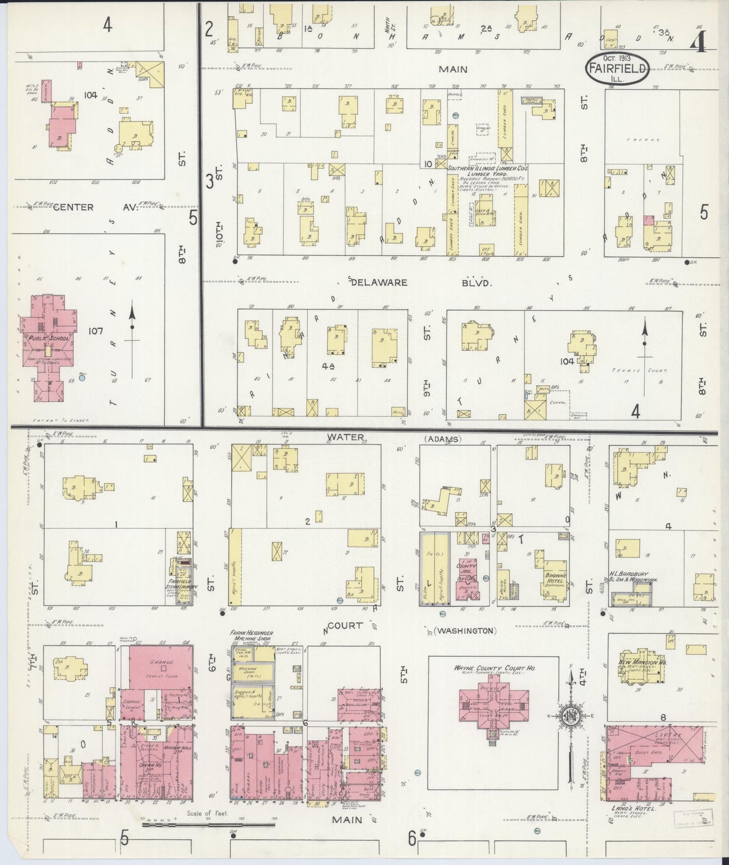 Sanborn Fire Insurance Map from Fairfield, Wayne County, Illinois (1913), Sheet #0004 - Historic Sanborn Fire Insurance Map Print, vintage old map wall art, antique decor, genealogy gift, Illinois Illinois map