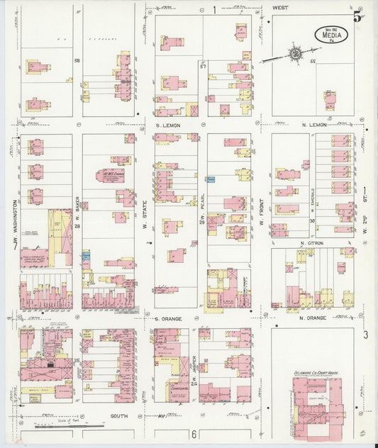 Sanborn Fire Insurance Map from Media, Delaware County, Pennsylvania (1912), Sheet #0005 - Historic Sanborn Fire Insurance Map Print, vintage old map wall art, antique decor, genealogy gift, Pennsylvania Pennsylvania map