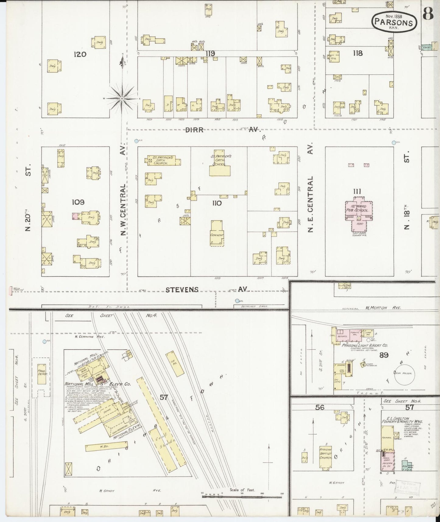 Sanborn Fire Insurance Map from Parsons, Labette County, Kansas (1888), Sheet #0008 - Complete Map Set gallery image, historic Sanborn map, vintage wall art, Kansas Kansas