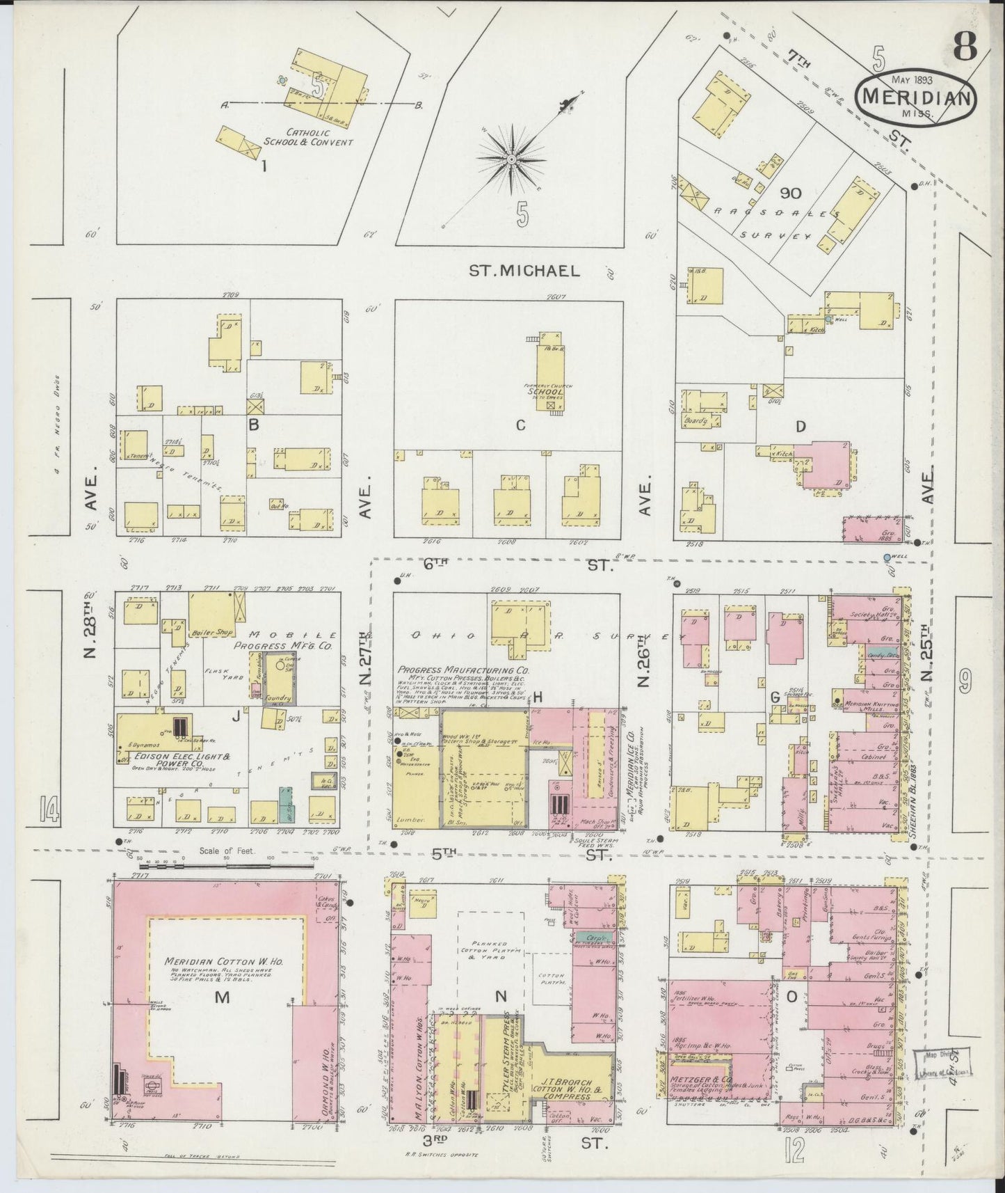 Sanborn Fire Insurance Map from Meridian, Lauderdale County, Mississippi (1893), Sheet #0008 - Historic Sanborn Fire Insurance Map Print, vintage old map wall art, antique decor, genealogy gift, Mississippi Mississippi map