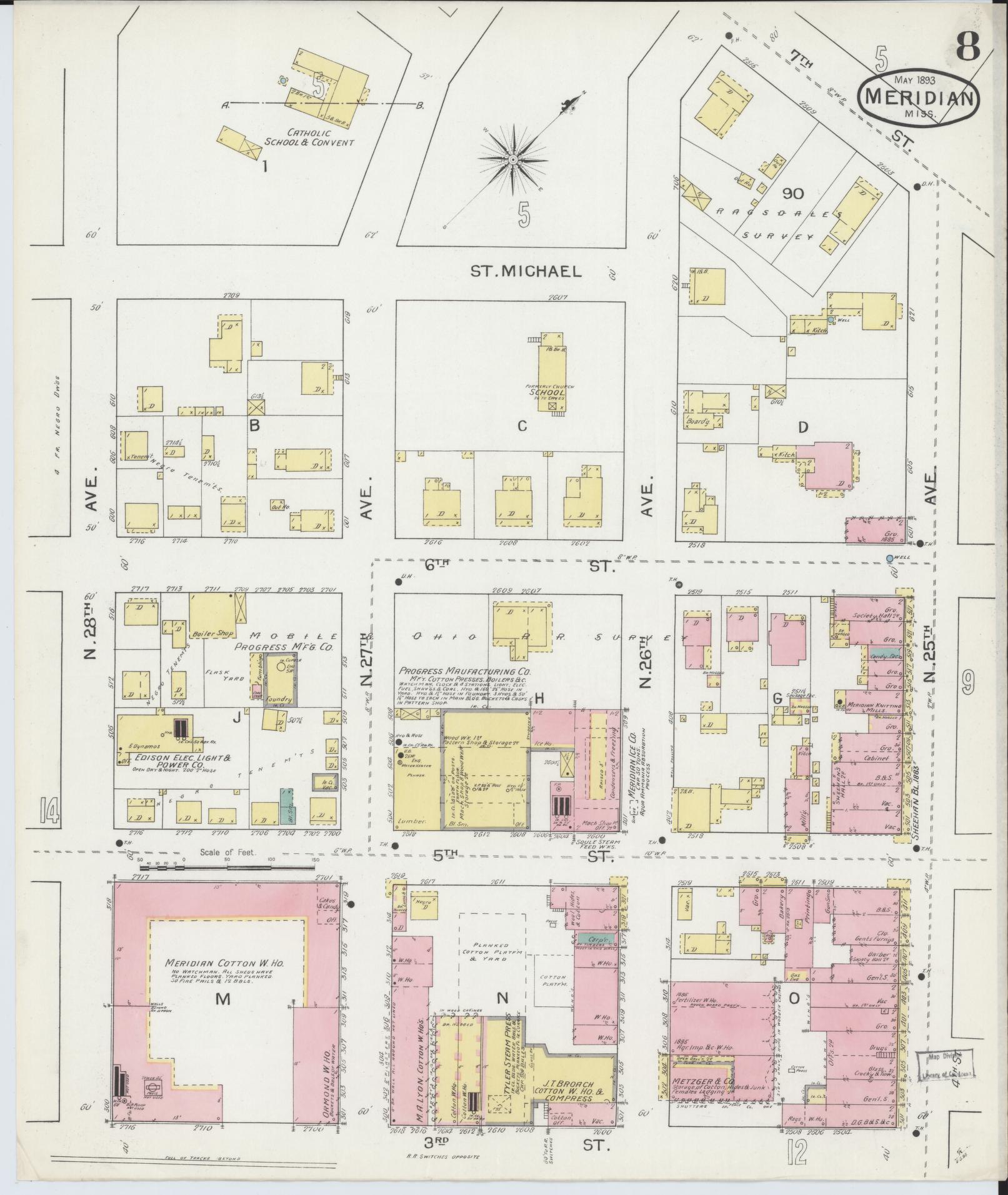Sanborn Fire Insurance Map from Meridian, Lauderdale County, Mississippi (1893), Sheet #0008 - Historic Sanborn Fire Insurance Map Print, vintage old map wall art, antique decor, genealogy gift, Mississippi Mississippi map