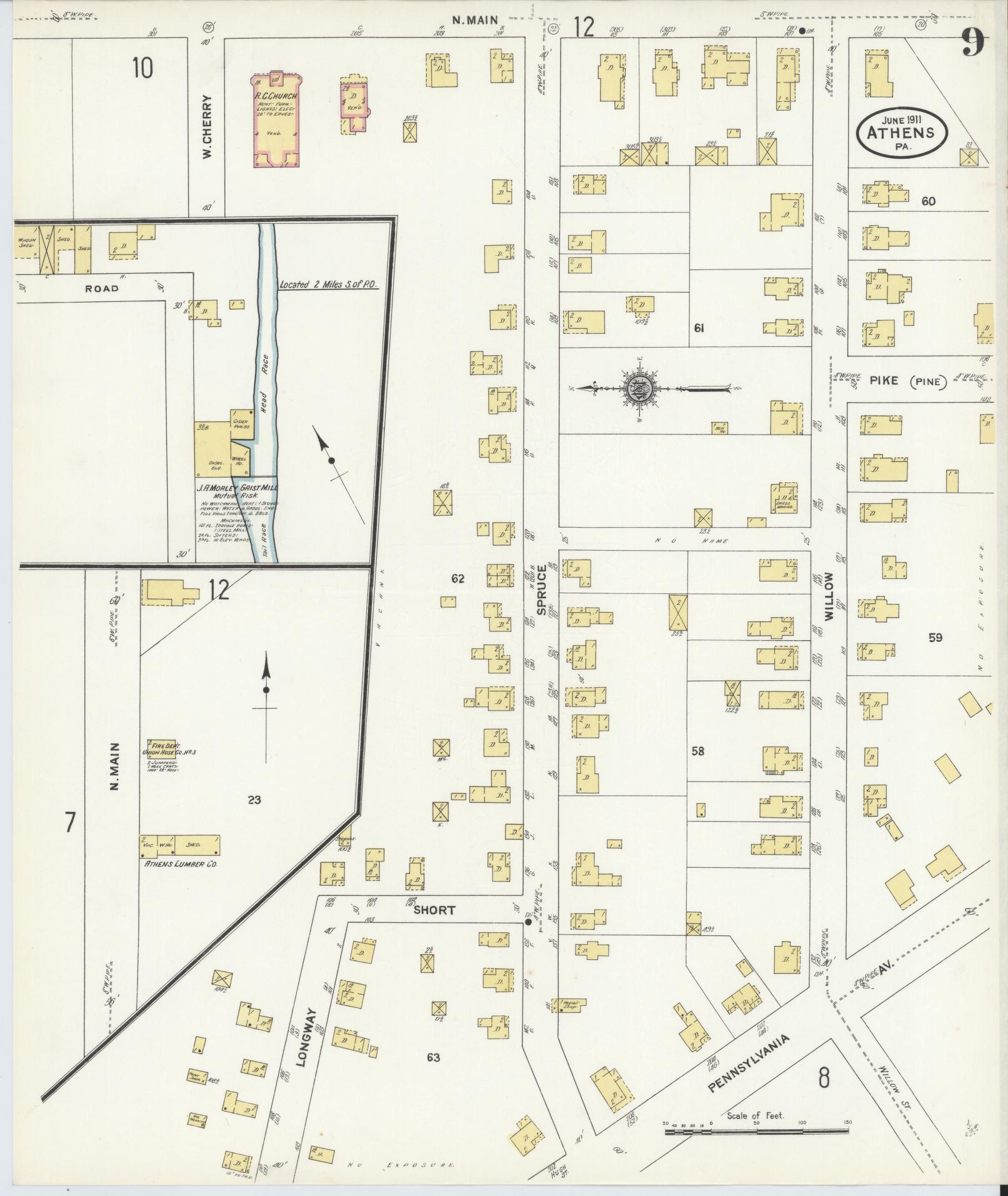 Sanborn Fire Insurance Map from Athens, Bradford County, Pennsylvania (1911), Sheet #0009 - Historic Sanborn Fire Insurance Map Print, vintage old map wall art, antique decor, genealogy gift, Pennsylvania Pennsylvania map