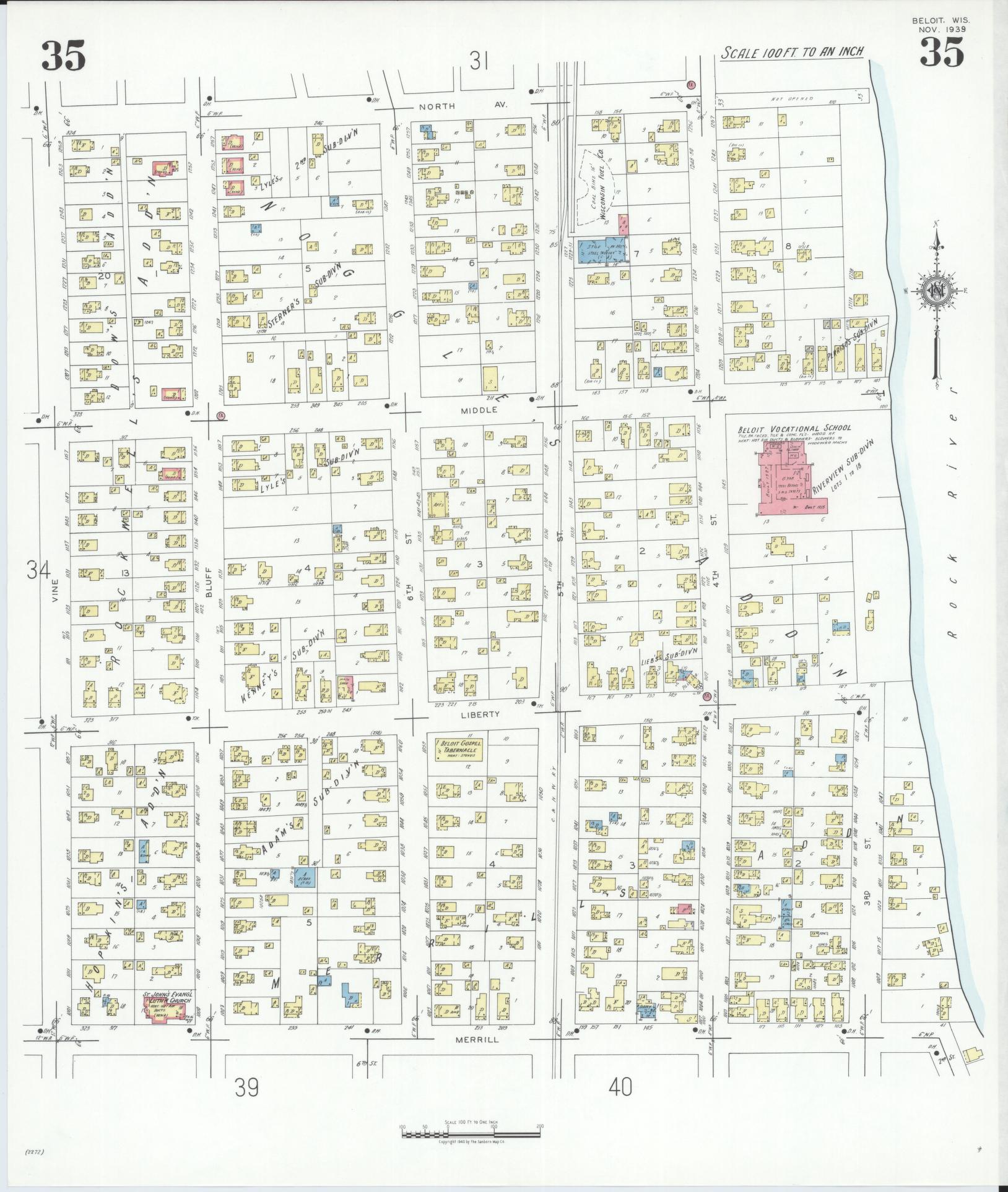 Sanborn Fire Insurance Map from Beloit, Rock County, Wisconsin (1939), Sheet #0035 - Complete Map Set gallery image, historic Sanborn map, vintage wall art, Wisconsin Wisconsin