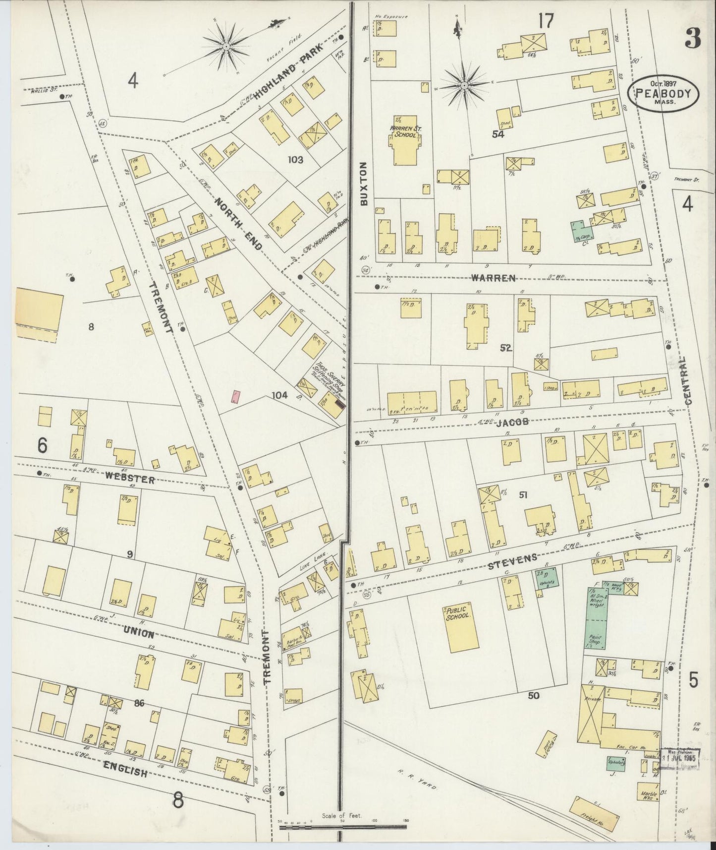 Sanborn Fire Insurance Map from Peabody, Essex County, Massachusetts (1897), Sheet #0003 - Complete Map Set gallery image, historic Sanborn map, vintage wall art, Massachusetts Massachusetts