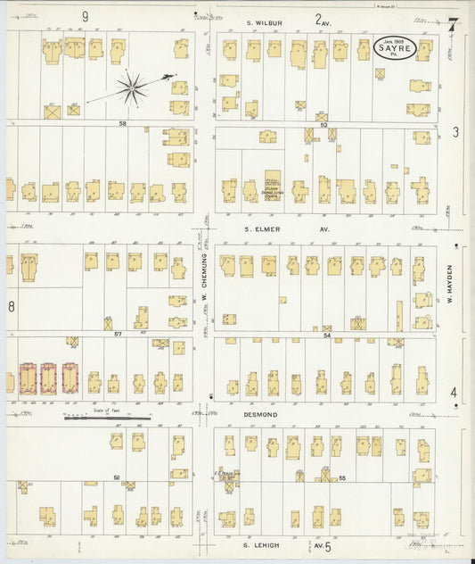 Sanborn Fire Insurance Map from Sayre, Bradford County, Pennsylvania (1909), Sheet #0007 - Historic Sanborn Fire Insurance Map Print, vintage old map wall art, antique decor, genealogy gift, Pennsylvania Pennsylvania map