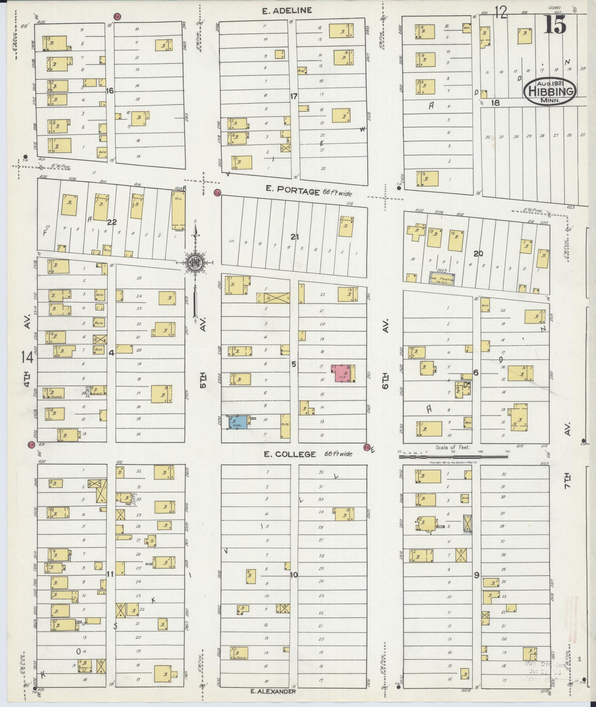 Sanborn Fire Insurance Map from Hibbing, Saint Louis County, Minnesota (1921), Sheet #0015 - Historic Sanborn Fire Insurance Map Print, vintage old map wall art, antique decor, genealogy gift, Minnesota Minnesota map