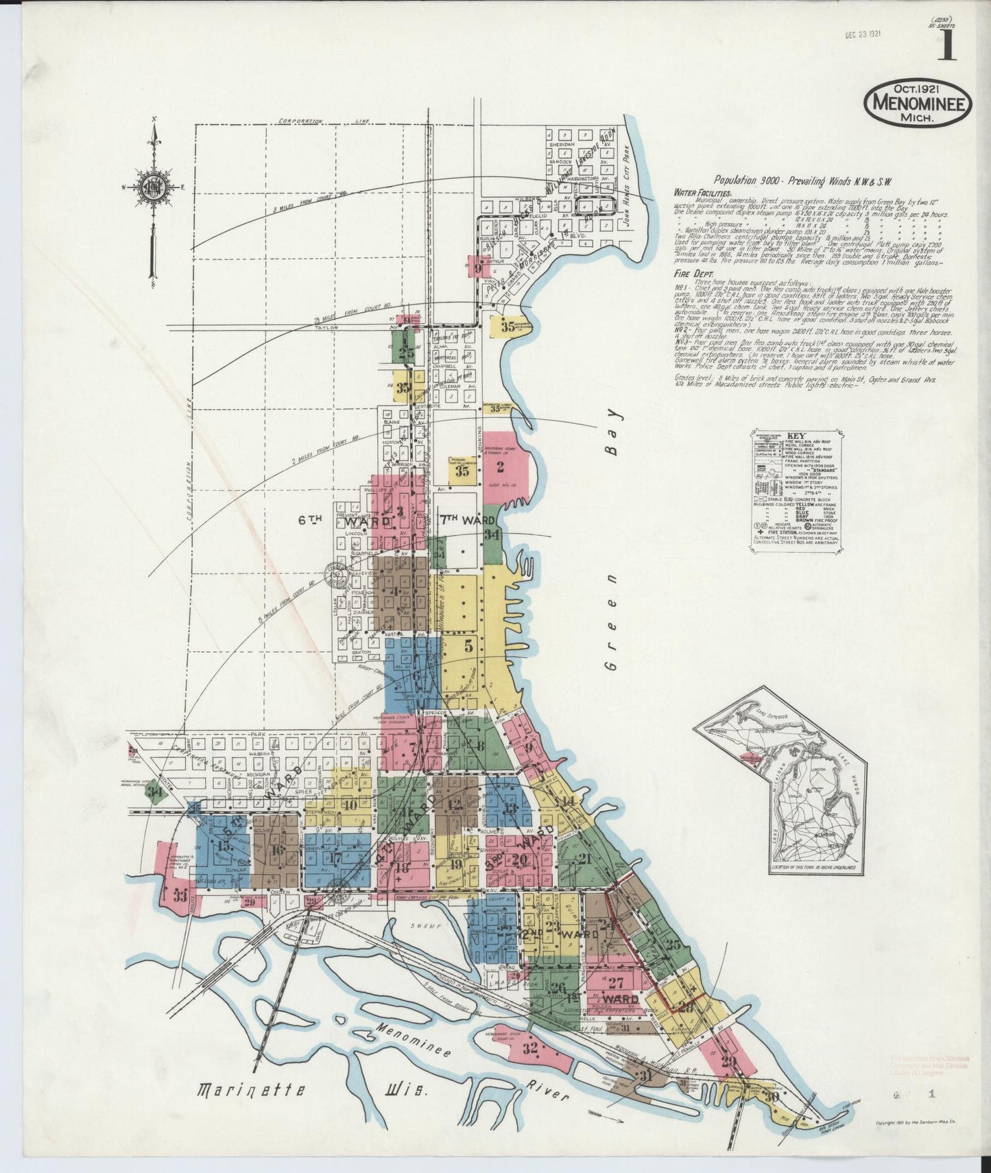 Sanborn Fire Insurance Map from Menominee, Menominee County, Michigan (1921), Sheet #0001 - Complete Map Set gallery image, historic Sanborn map, vintage wall art, Michigan Michigan