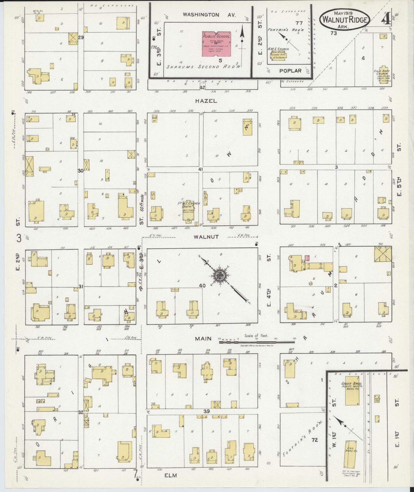 Sanborn Fire Insurance Map from Walnut Ridge, Lawrence County, Arkansas (1919), Sheet #0004 - Historic Sanborn Fire Insurance Map Print, vintage old map wall art, antique decor, genealogy gift, Arkansas Arkansas map