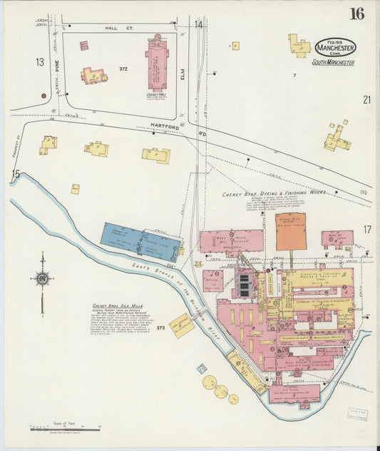 Sanborn Fire Insurance Map from Manchester, Hartford County, Connecticut (1919), Sheet #0016 - Historic Sanborn Fire Insurance Map Print, vintage old map wall art, antique decor, genealogy gift, Connecticut Connecticut map