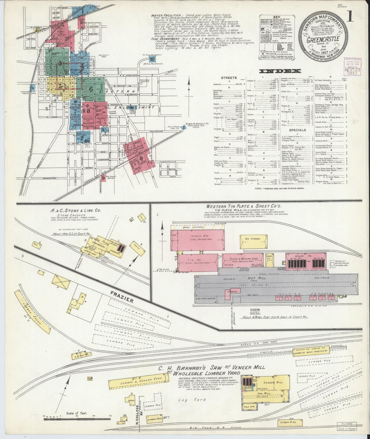 Sanborn Fire Insurance Map from Greencastle, Putnam County, Indiana (1907), Sheet #0001 - Historic Sanborn Fire Insurance Map Print, vintage old map wall art, antique decor, genealogy gift, Indiana Indiana map
