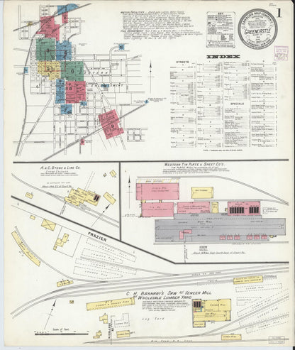 Sanborn Fire Insurance Map from Greencastle, Putnam County, Indiana (1907), Sheet #0001 - Historic Sanborn Fire Insurance Map Print, vintage old map wall art, antique decor, genealogy gift, Indiana Indiana map