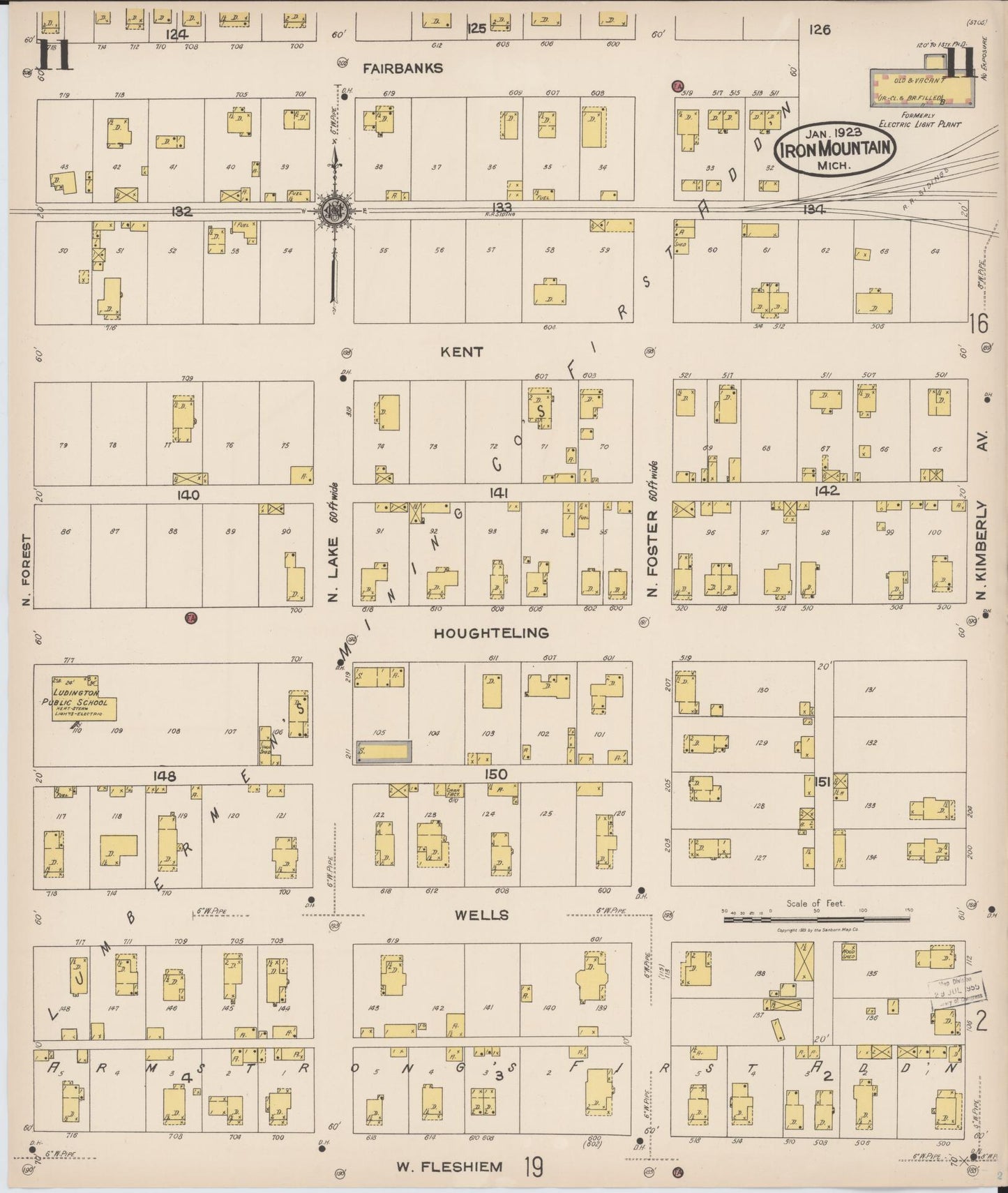 Sanborn Fire Insurance Map from Iron Mountain, Dickinson County, Michigan (1923), Sheet #0011 - Historic Sanborn Fire Insurance Map Print, vintage old map wall art, antique decor, genealogy gift, Michigan Michigan map
