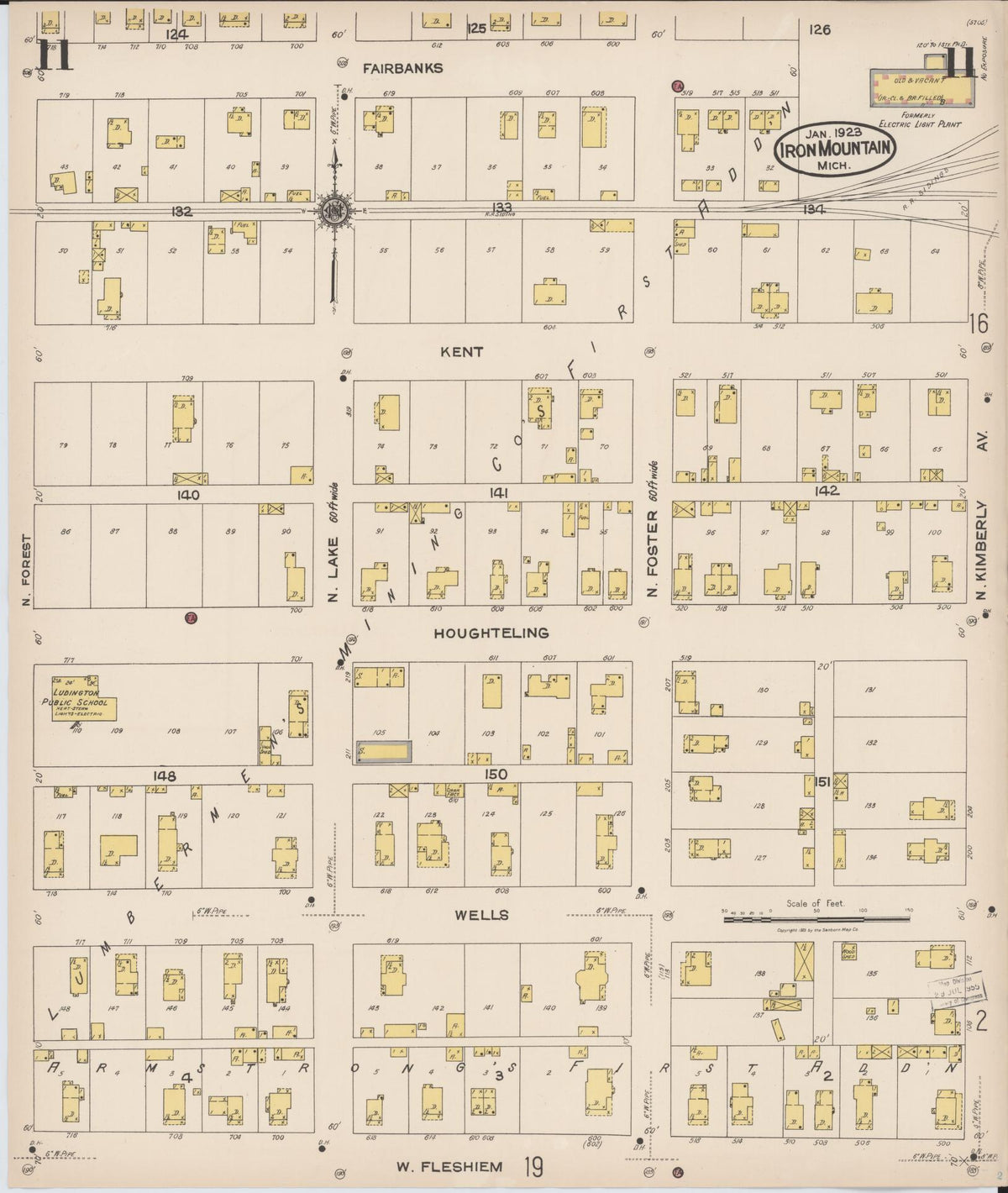 Sanborn Fire Insurance Map from Iron Mountain, Dickinson County, Michigan (1923), Sheet #0011 - Historic Sanborn Fire Insurance Map Print, vintage old map wall art, antique decor, genealogy gift, Michigan Michigan map