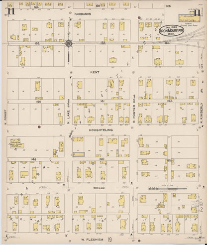 Sanborn Fire Insurance Map from Iron Mountain, Dickinson County, Michigan (1923), Sheet #0011 - Historic Sanborn Fire Insurance Map Print, vintage old map wall art, antique decor, genealogy gift, Michigan Michigan map