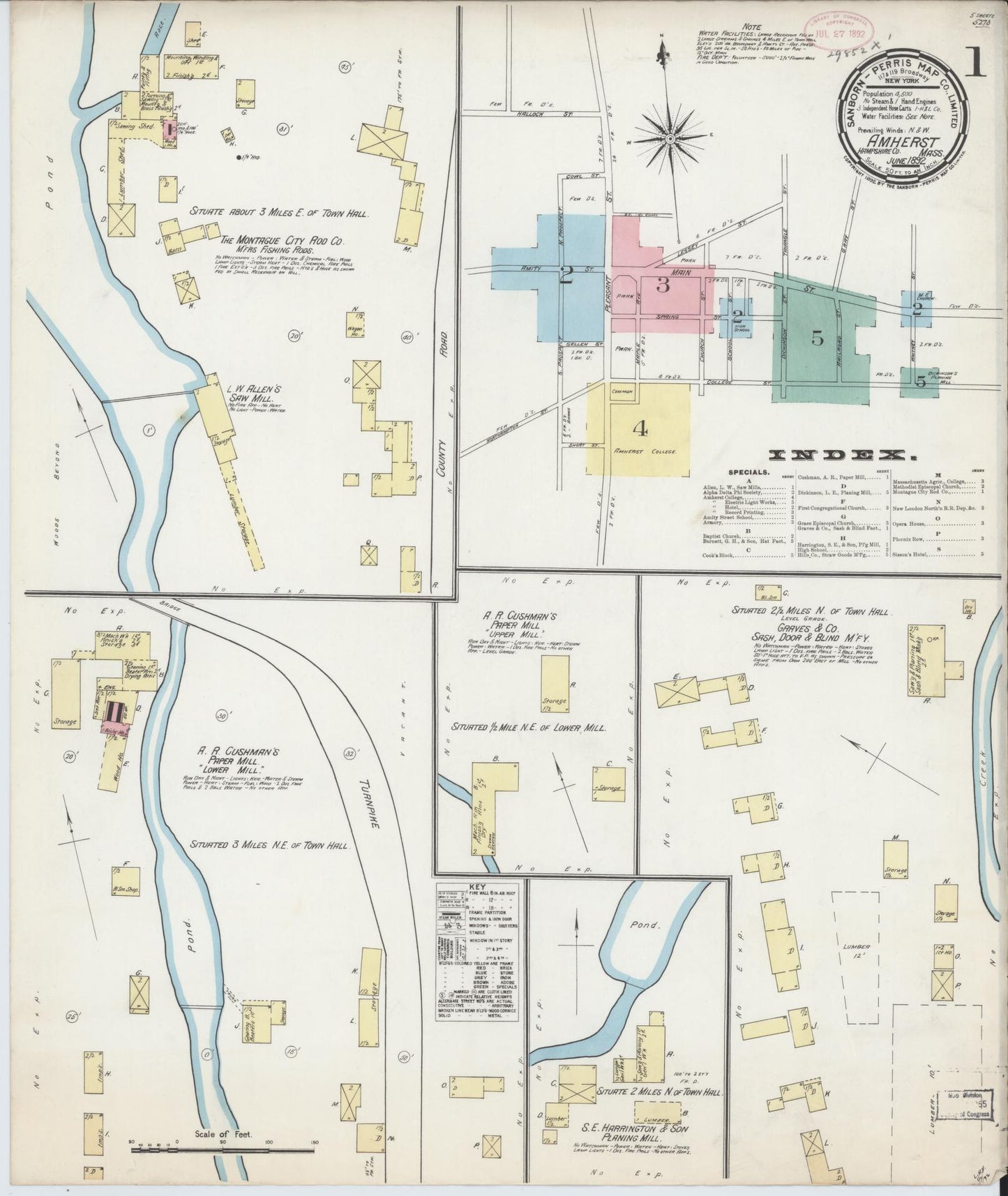 Sanborn Fire Insurance Map from Amherst, Hampshire County, Massachusetts (1892), Sheet #0001 - Historic Sanborn Fire Insurance Map Print, vintage old map wall art, antique decor, genealogy gift, Massachusetts Massachusetts map