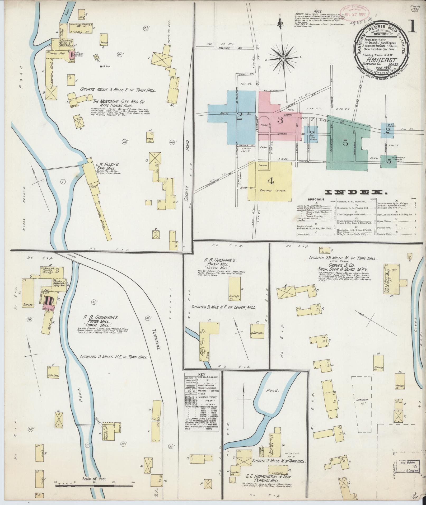 Sanborn Fire Insurance Map from Amherst, Hampshire County, Massachusetts (1892), Sheet #0001 - Historic Sanborn Fire Insurance Map Print, vintage old map wall art, antique decor, genealogy gift, Massachusetts Massachusetts map
