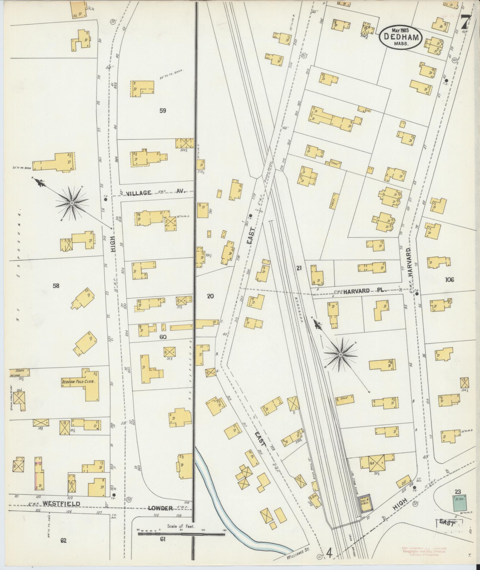 Sanborn Fire Insurance Map from Dedham, Norfolk County, Massachusetts (1903), Sheet #0007 - Complete Map Set gallery image, historic Sanborn map, vintage wall art, Massachusetts Massachusetts