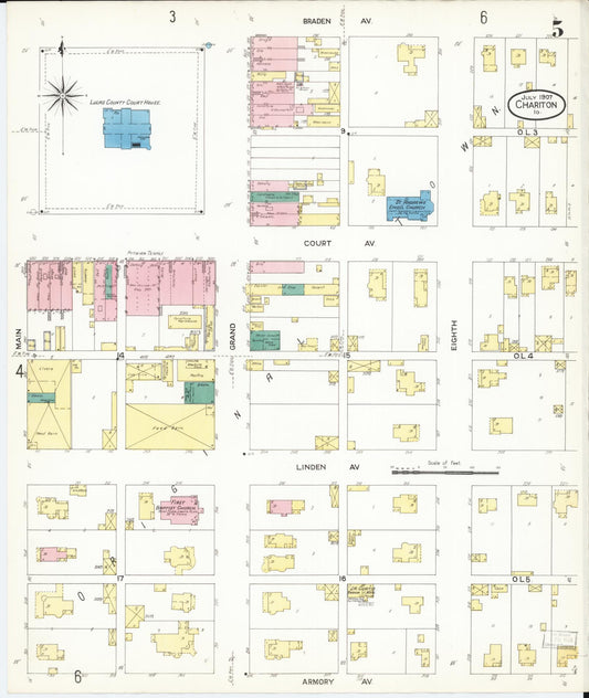 Sanborn Fire Insurance Map from Chariton, Lucas County, Iowa (1907), Sheet #0005 - Historic Sanborn Fire Insurance Map Print, vintage old map wall art