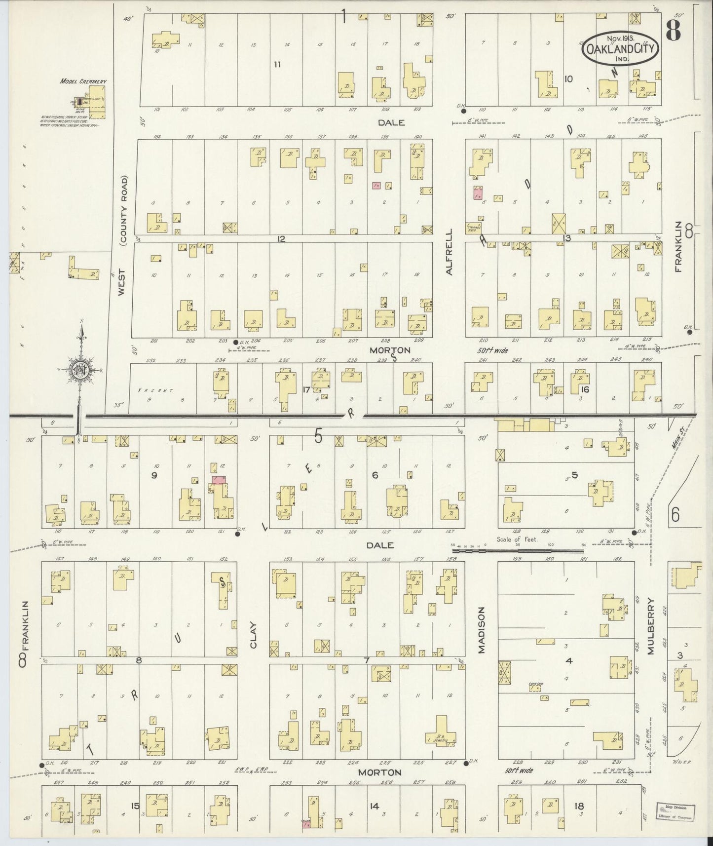 Sanborn Fire Insurance Map from Oakland City, Gibson County, Indiana (1913), Sheet #0008 - Historic Sanborn Fire Insurance Map Print, vintage old map wall art, antique decor, genealogy gift, Indiana Indiana map