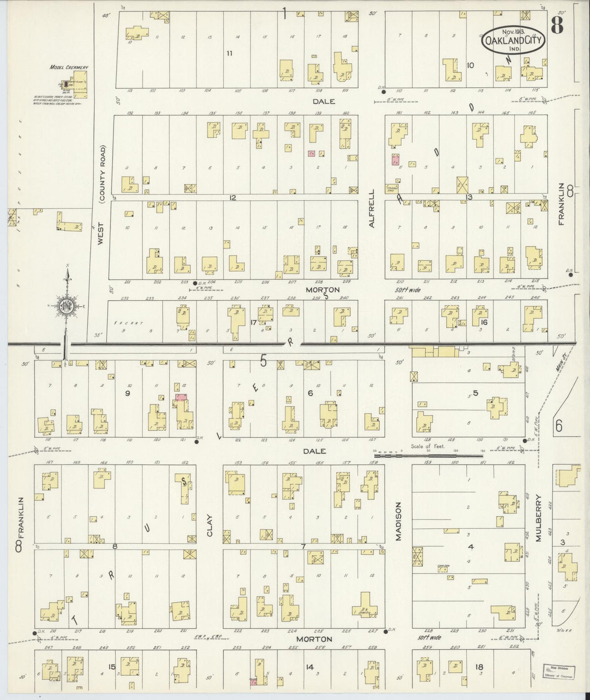 Sanborn Fire Insurance Map from Oakland City, Gibson County, Indiana (1913), Sheet #0008 - Historic Sanborn Fire Insurance Map Print, vintage old map wall art, antique decor, genealogy gift, Indiana Indiana map