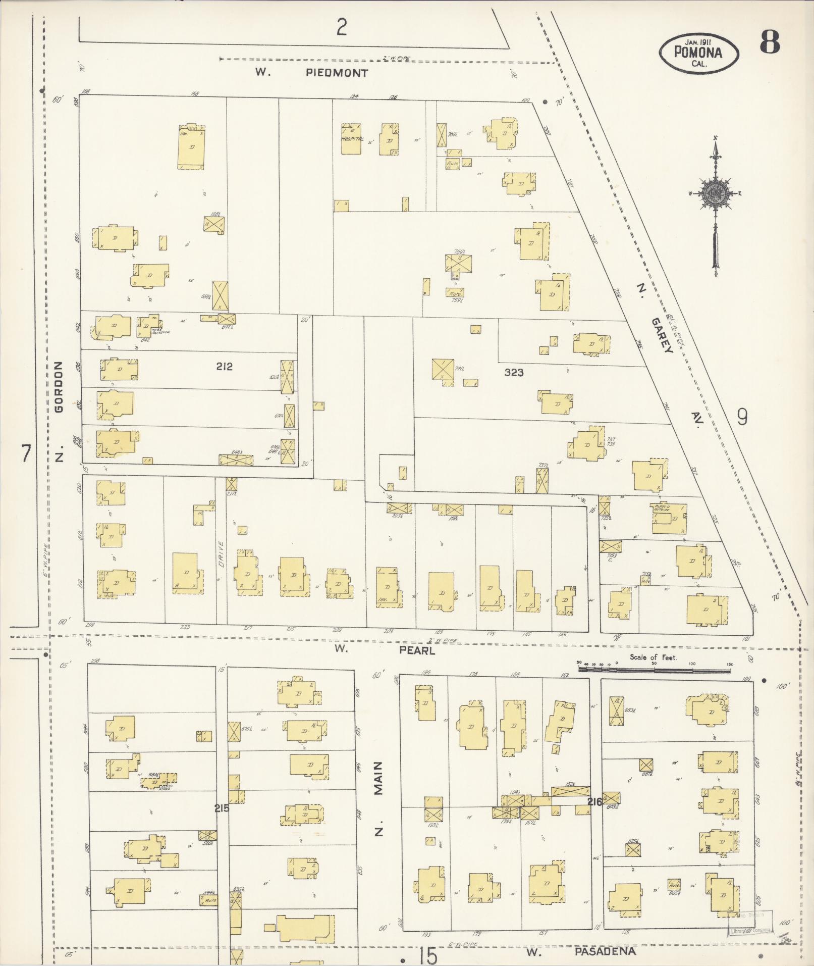Sanborn Fire Insurance Map from Pomona, Los Angeles County, California (1911), Sheet #0008 - Complete Map Set gallery image, historic Sanborn map, vintage wall art, California California