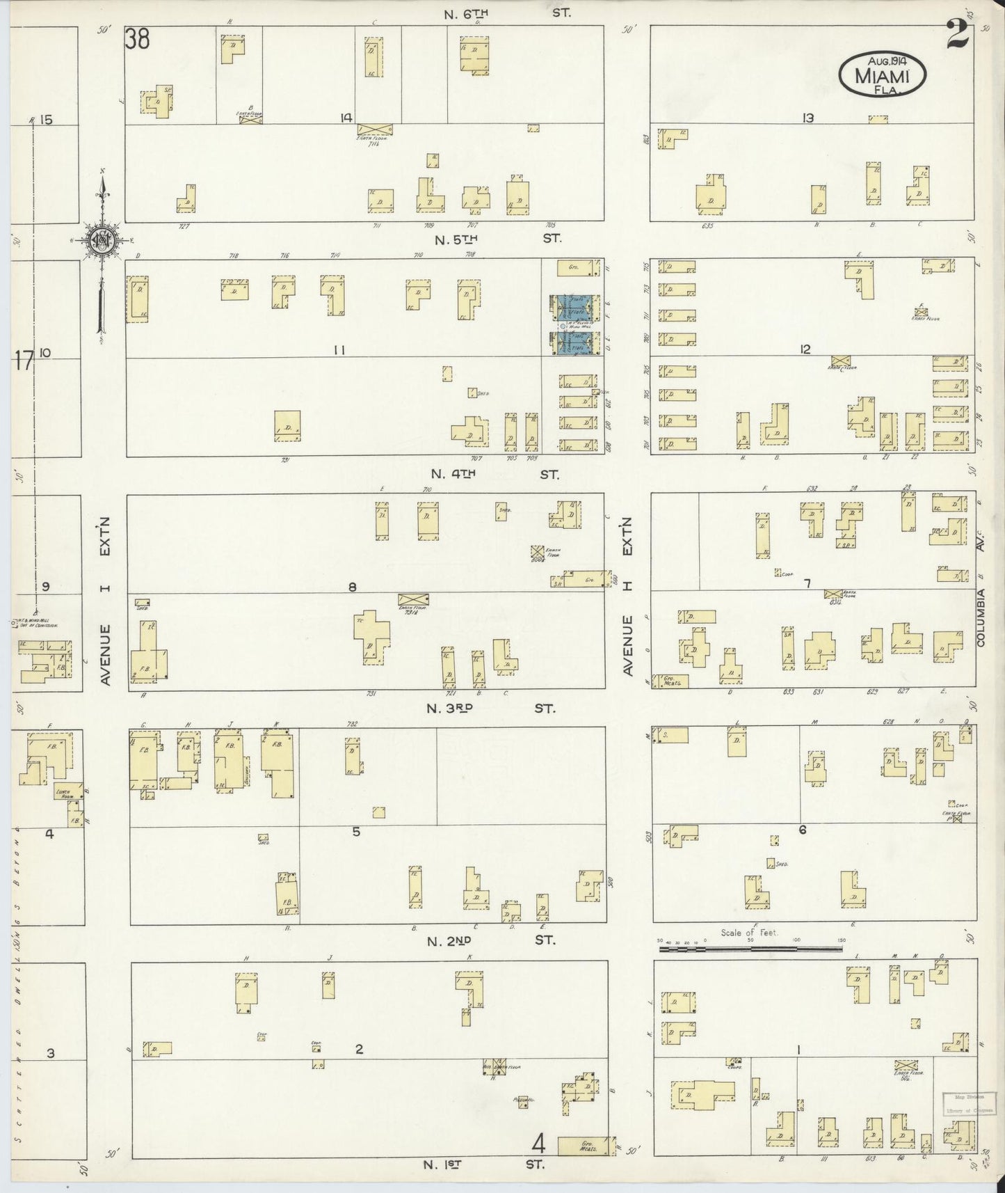 Sanborn Fire Insurance Map from Miami, Dade County, Florida (1914), Sheet #0002 - Complete Map Set gallery image, historic Sanborn map, vintage wall art, Florida Florida