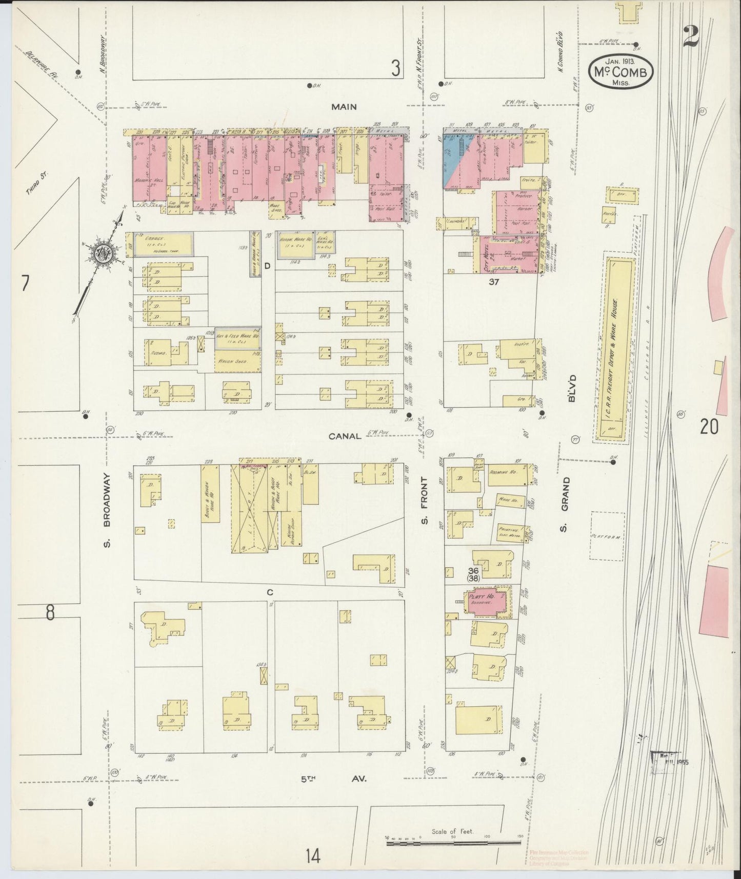 Sanborn Fire Insurance Map from McComb, Pike County, Mississippi (1913), Sheet #0002 - Complete Map Set gallery image, historic Sanborn map, vintage wall art, Mississippi Mississippi