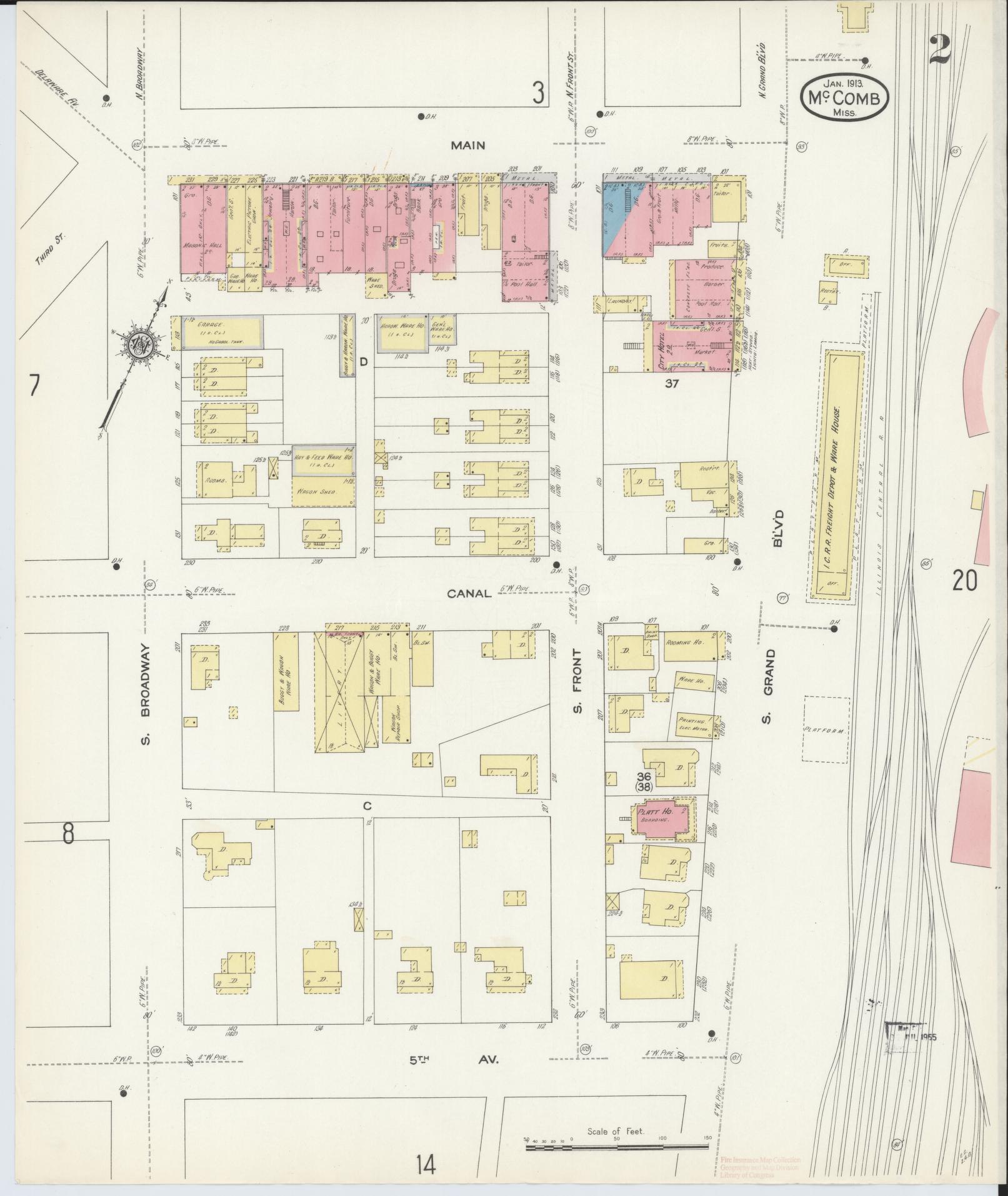 Sanborn Fire Insurance Map from McComb, Pike County, Mississippi (1913), Sheet #0002 - Complete Map Set gallery image, historic Sanborn map, vintage wall art, Mississippi Mississippi