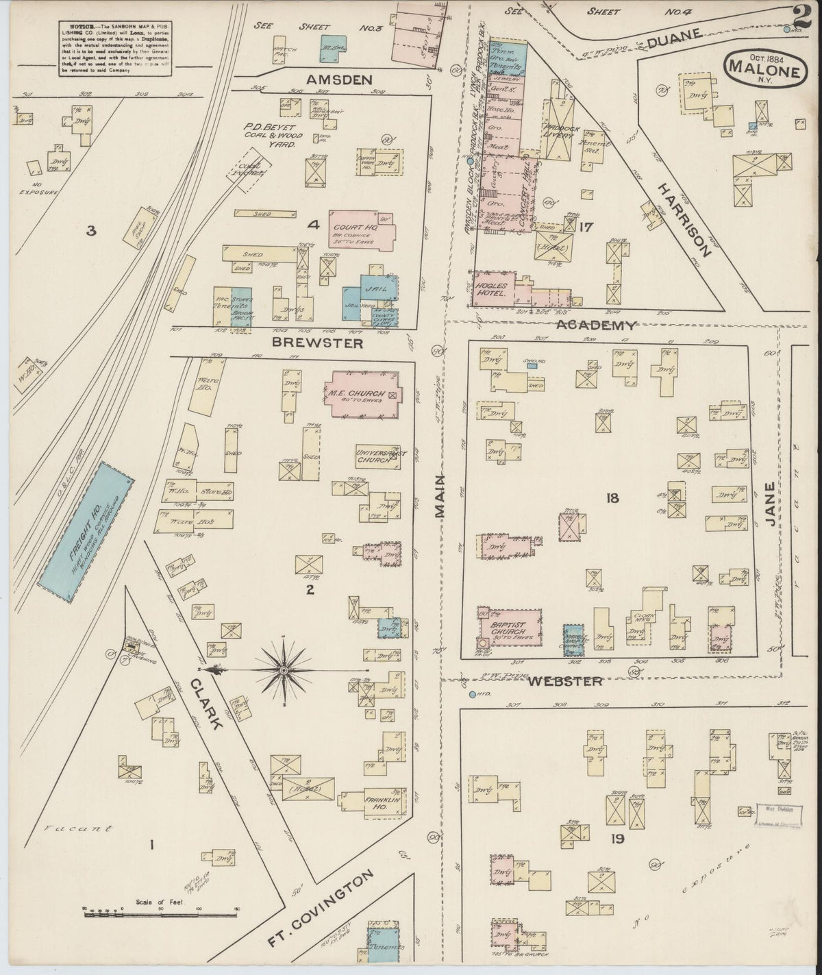 Sanborn Fire Insurance Map from Malone, Franklin County, New York (1884), Sheet #0002 - Historic Sanborn Fire Insurance Map Print, vintage old map wall art, antique decor, genealogy gift, New York New York map