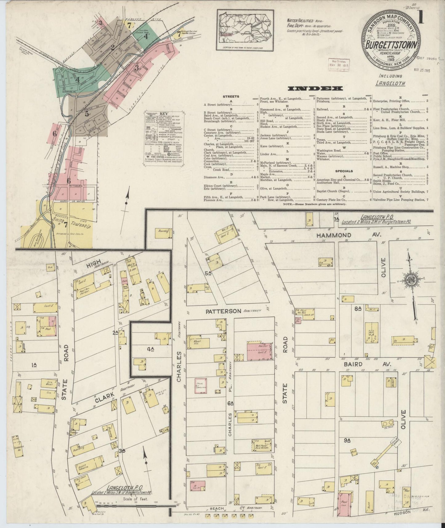 Sanborn Fire Insurance Map from Burgettstown, Washington County, Pennsylvania (1915), Sheet #0001 - Historic Sanborn Fire Insurance Map Print, vintage old map wall art, antique decor, genealogy gift, Pennsylvania Pennsylvania map