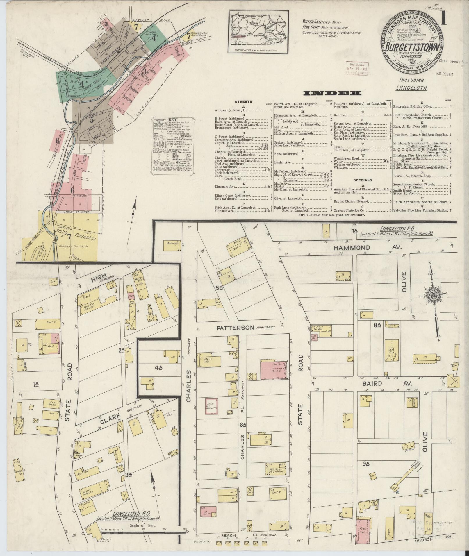 Sanborn Fire Insurance Map from Burgettstown, Washington County, Pennsylvania (1915), Sheet #0001 - Historic Sanborn Fire Insurance Map Print, vintage old map wall art, antique decor, genealogy gift, Pennsylvania Pennsylvania map