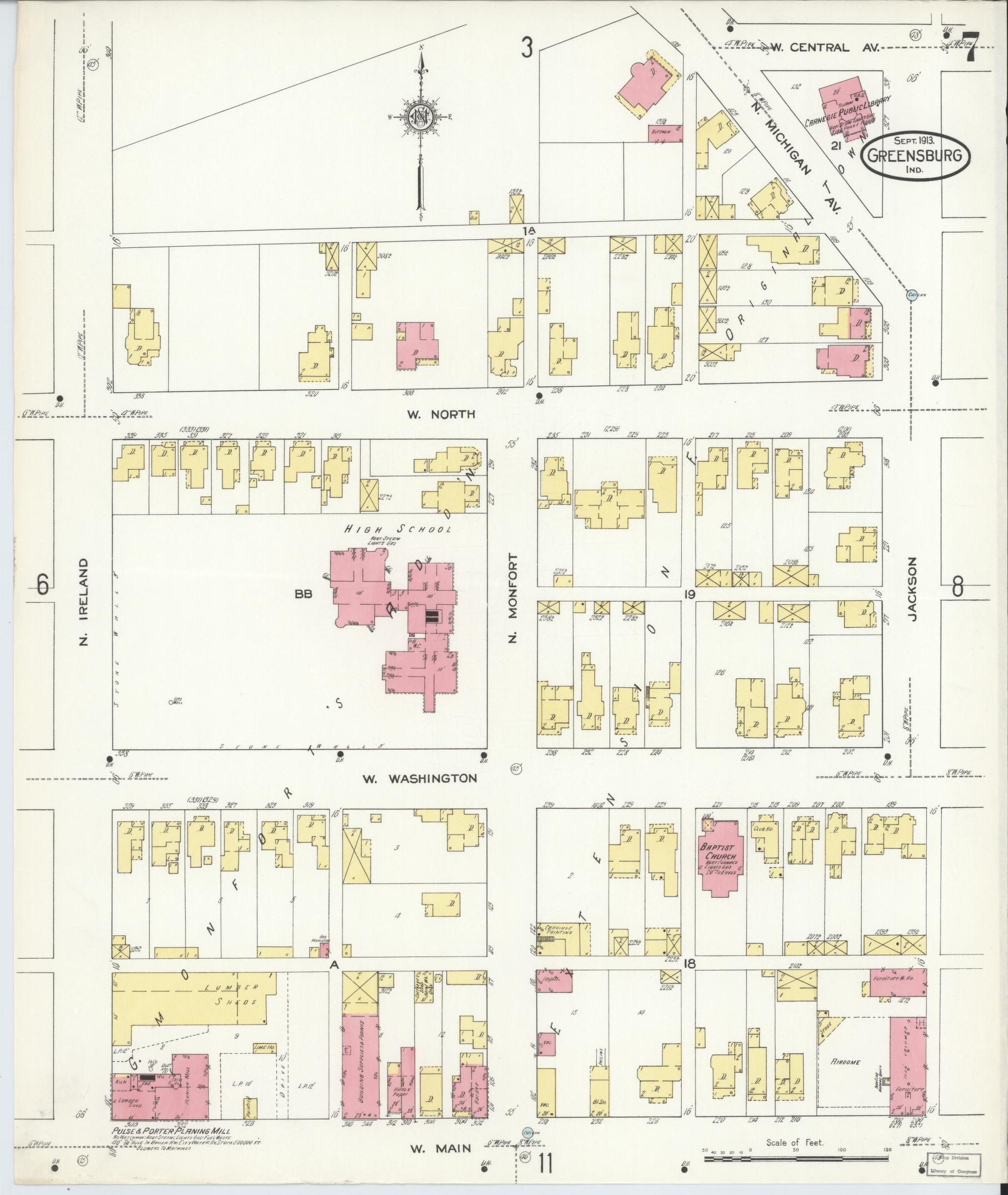 Sanborn Fire Insurance Map from Greensburg, Decatur County, Indiana (1913), Sheet #0007 - Complete Map Set gallery image, historic Sanborn map, vintage wall art, Indiana Indiana