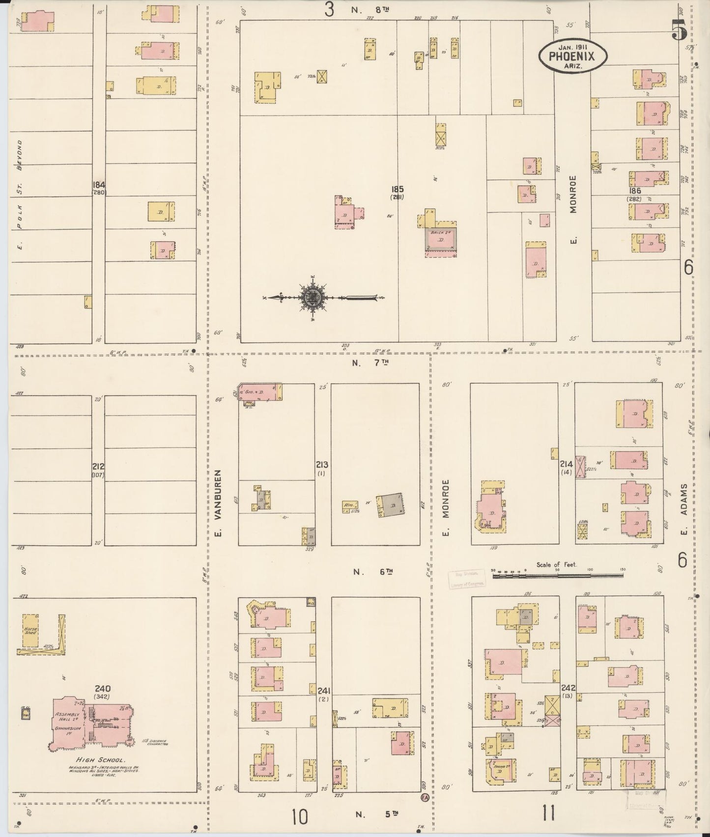 Sanborn Fire Insurance Map from Phoenix, Maricopa County, Arizona (1911), Sheet #0005 - Complete Map Set gallery image, historic Sanborn map, vintage wall art, Arizona Arizona