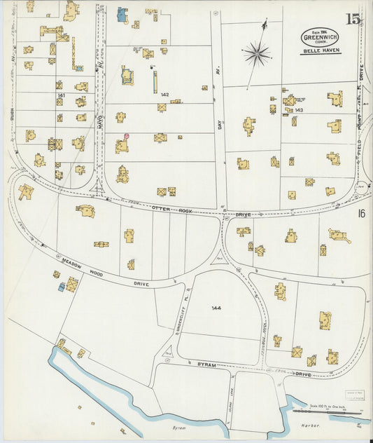 Sanborn Fire Insurance Map from Greenwich, Fairfield County, Connecticut (1906), Sheet #0015 - Historic Sanborn Fire Insurance Map Print, vintage old map wall art, antique decor, genealogy gift, Connecticut Connecticut map