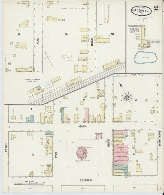 Sanborn Fire Insurance Map from Caldwell, Burleson County, Texas (1891), Sheet #0002 - Historic Sanborn Fire Insurance Map Print, vintage old map wall art, antique decor, genealogy gift, Texas Texas map