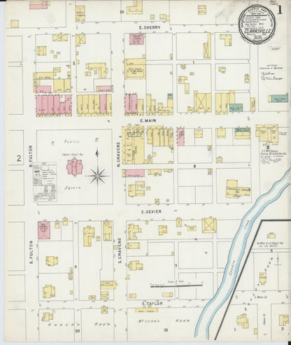 Sanborn Fire Insurance Map from Clarksville, Johnson County, Arkansas (1896), Sheet #0001 - Complete Map Set gallery image, historic Sanborn map, vintage wall art, Arkansas Arkansas