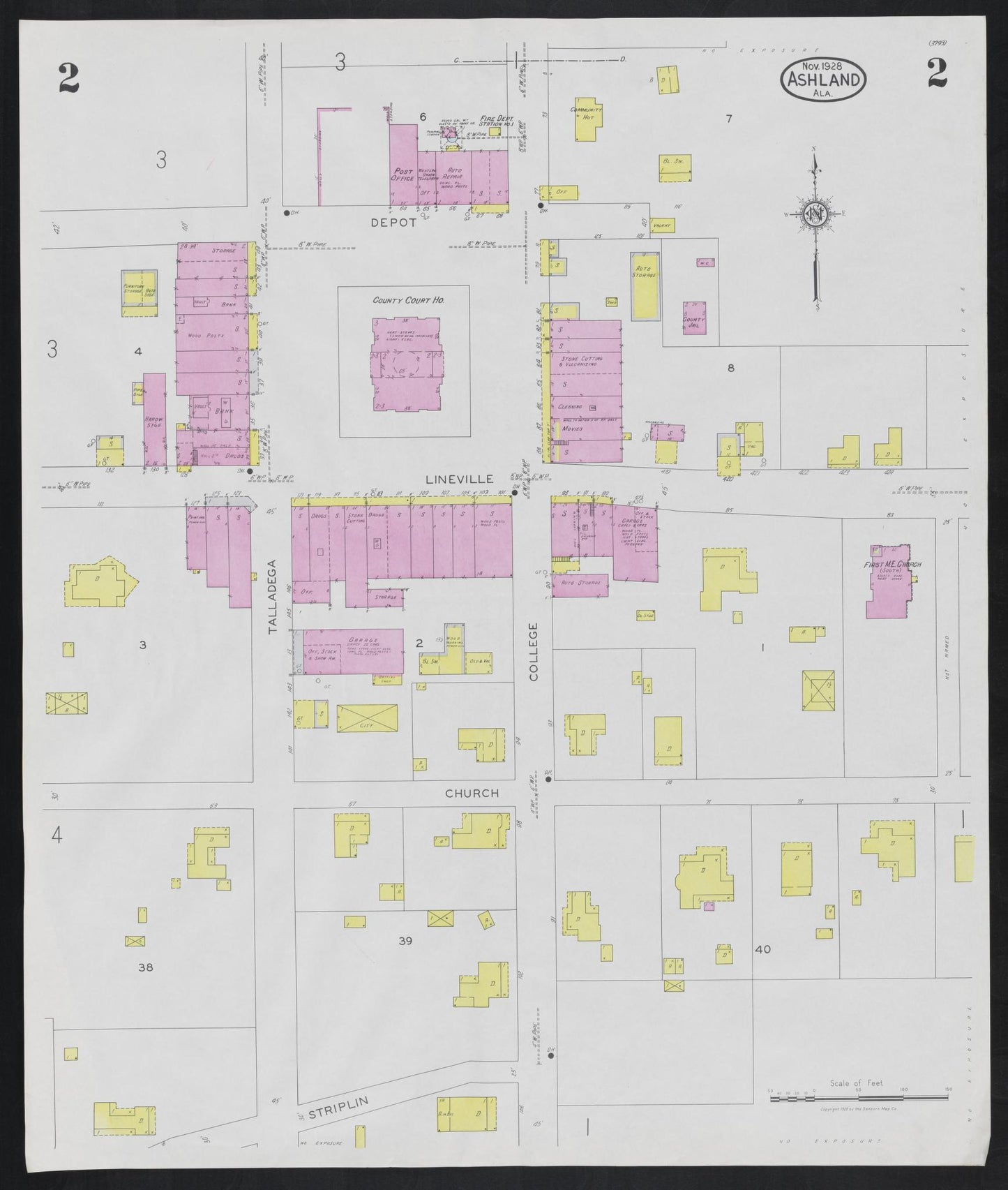 Sanborn Fire Insurance Map from Ashland, Clay County, Alabama (1928), Sheet #0002 - Complete Map Set gallery image, historic Sanborn map, vintage wall art, Alabama Alabama