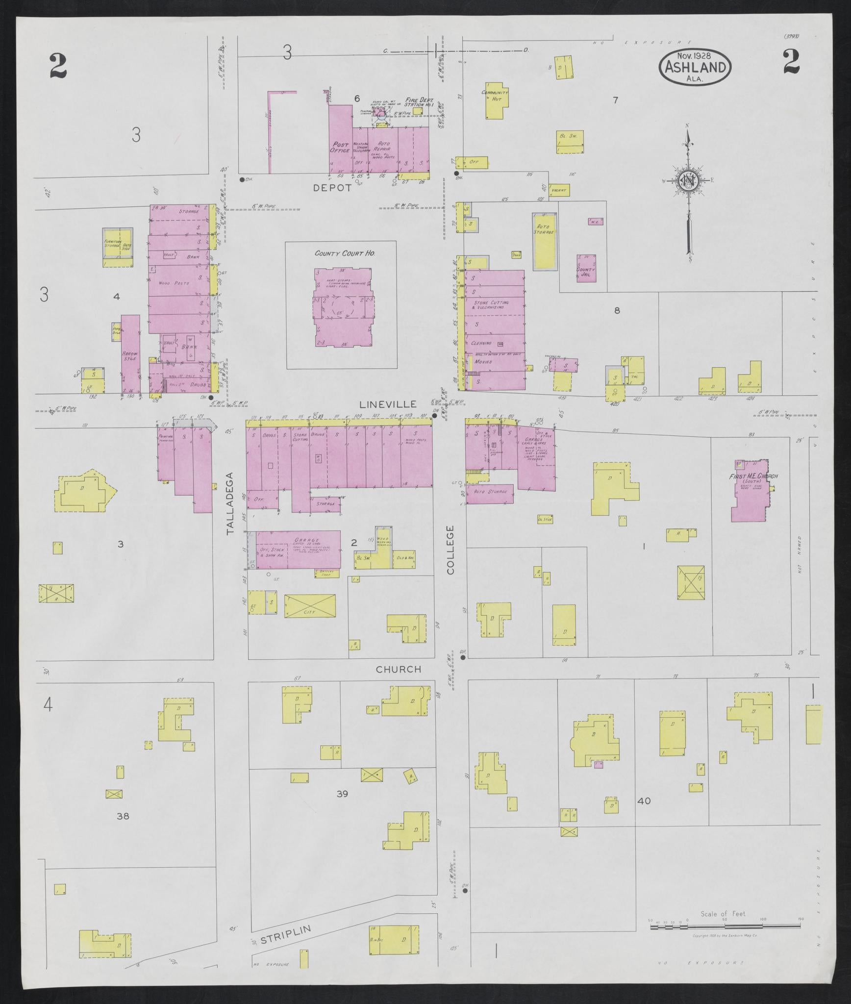 Sanborn Fire Insurance Map from Ashland, Clay County, Alabama (1928), Sheet #0002 - Complete Map Set gallery image, historic Sanborn map, vintage wall art, Alabama Alabama