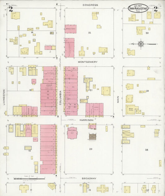Sanborn Fire Insurance Map from San Augustine, San Augustine County, Texas (1927), Sheet #0002 - Historic Sanborn Fire Insurance Map Print, vintage old map wall art, antique decor, genealogy gift, Texas Texas map
