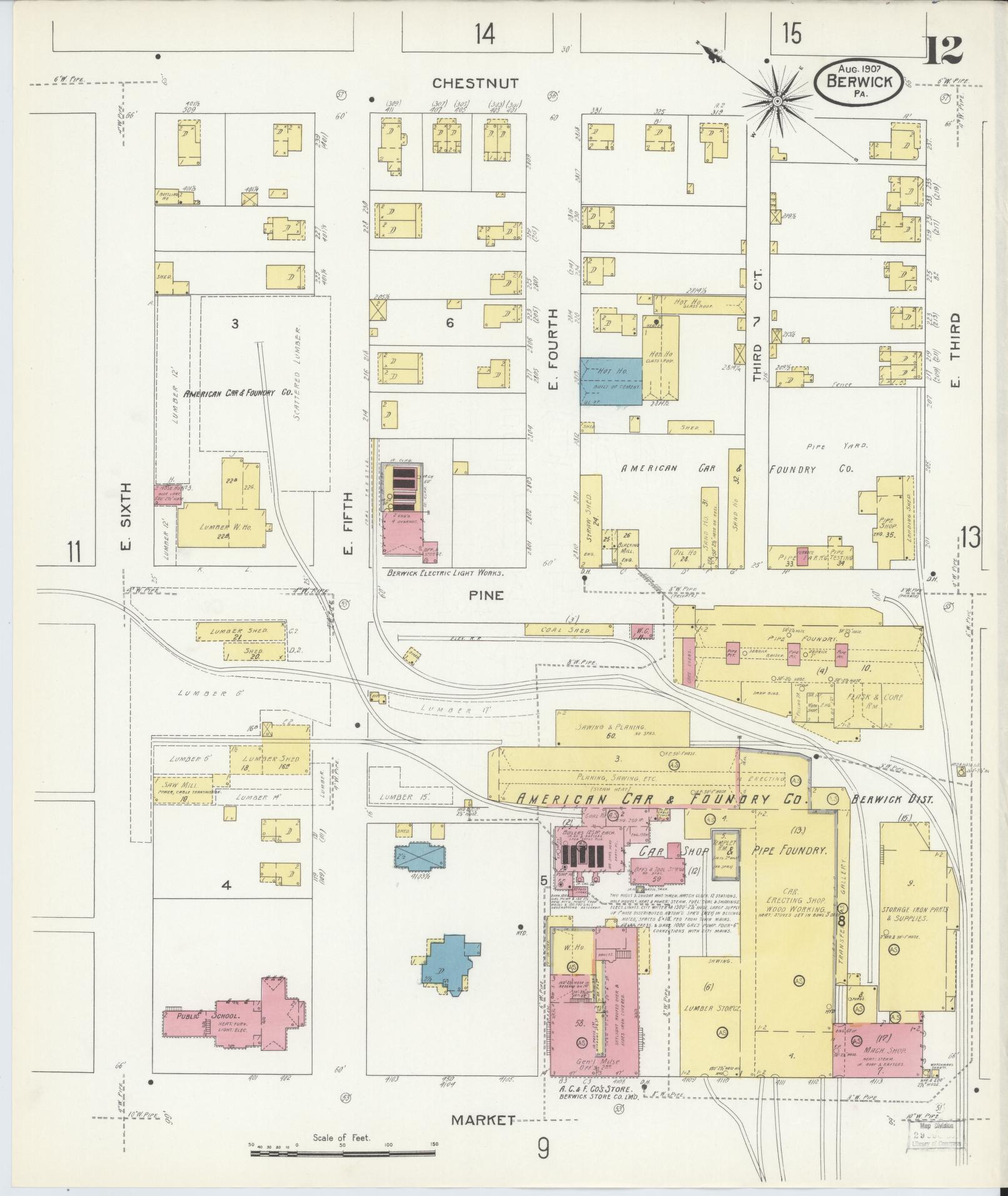 Sanborn Fire Insurance Map from Berwick, Columbia County, Pennsylvania (1907), Sheet #0012 - Historic Sanborn Fire Insurance Map Print, vintage old map wall art, antique decor, genealogy gift, Pennsylvania Pennsylvania map