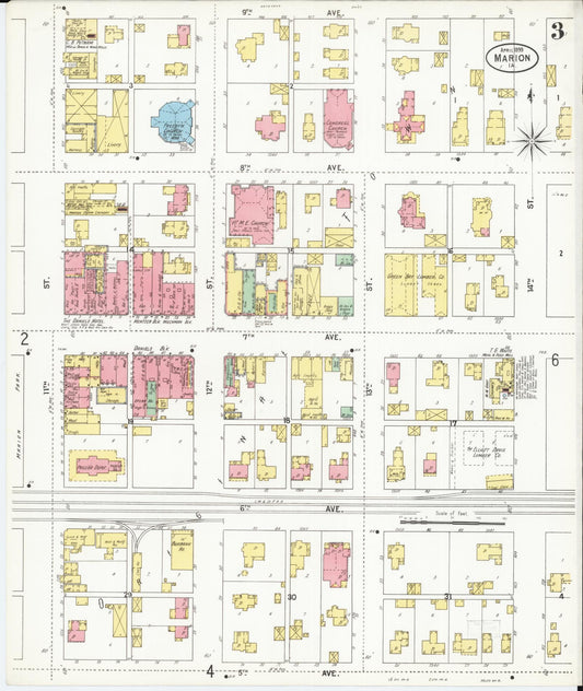 Sanborn Fire Insurance Map from Marion, Linn County, Iowa (1899), Sheet #0003 - Historic Sanborn Fire Insurance Map Print, vintage old map wall art